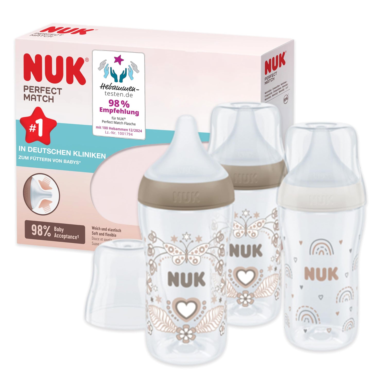 NUK Perfect Match Babyflaschenset | Ab 3 Monate | Passt sich dem Baby an | Temperature Control | Anti-Colic | 260 ml | BPA-frei | Silikontrinksauger, Medium | Regenbogen und Herz | 3 Stück - Meloni2