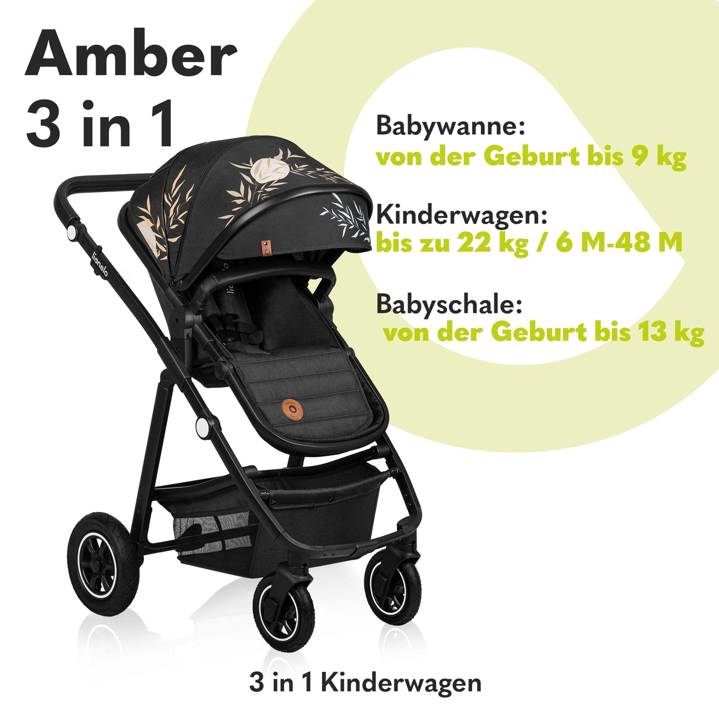LIONELO MERIL 3-in-1 Multifunktionaler Kinderwagen 0-48 Monate Bis zu 22 kg, Babywanne bis zu 9 kg, Kindersitz bis zu 13 kg, Geländeräder 360°, Vollfederung, XXL-Verdeck mit UPF50+ - Meloni2