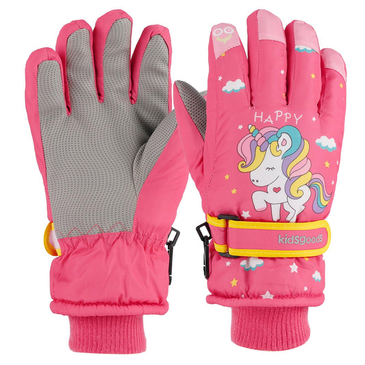KAKU NANU Children's Winter Gloves 2-10 Years Ski Gloves Waterproof Warm Fleece Cartoon Children's Gloves Mittens with Cord Outdoor Snowboard Gloves Children Boys Girls Blue Red Pink Purple