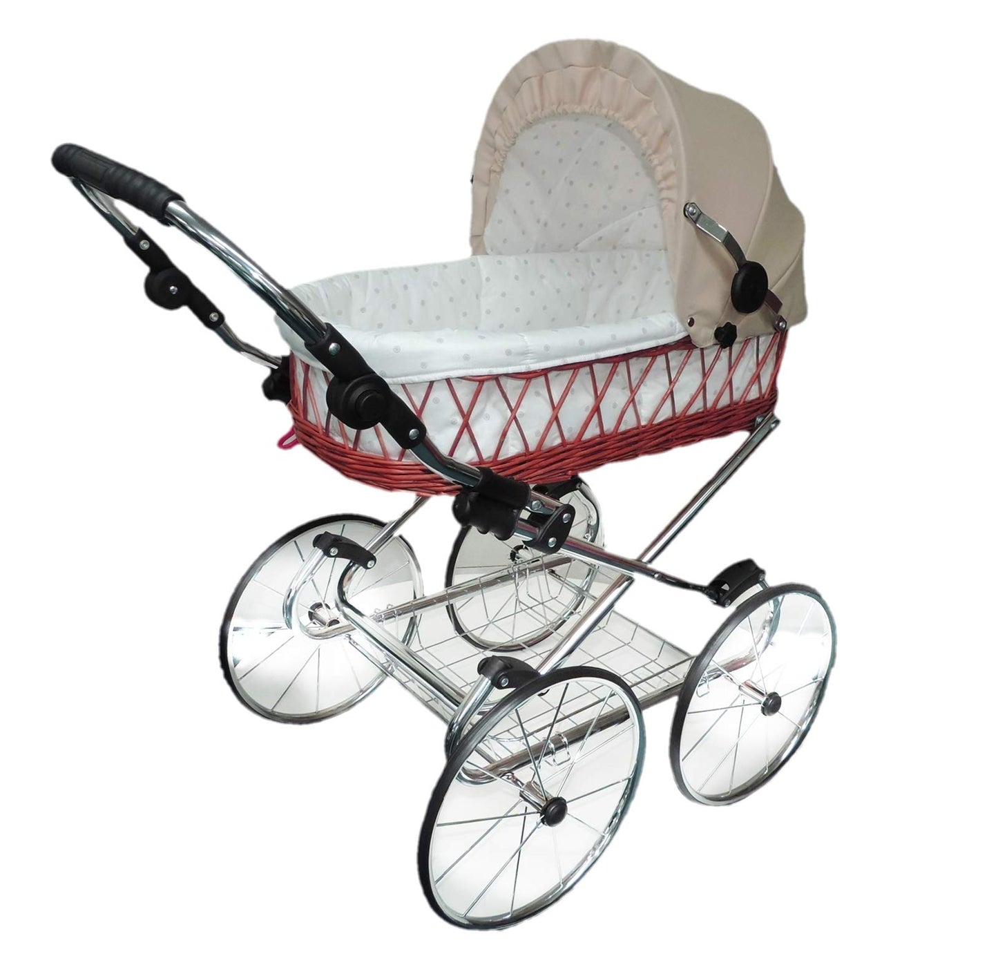EICHHORN Kinderwagen Wicker Basket Doll's Pram Retro Toy Classic (Basket Natural, Fabric Navy Blue)