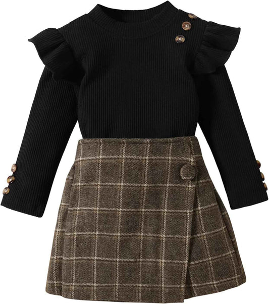 UUAISSO Kleinkind Baby Mädchen Kleidung Langarm Gerippte Oberteile Plaid Tweed Muster Rock Baskenmütze Herbst Knopf Outfits Sets