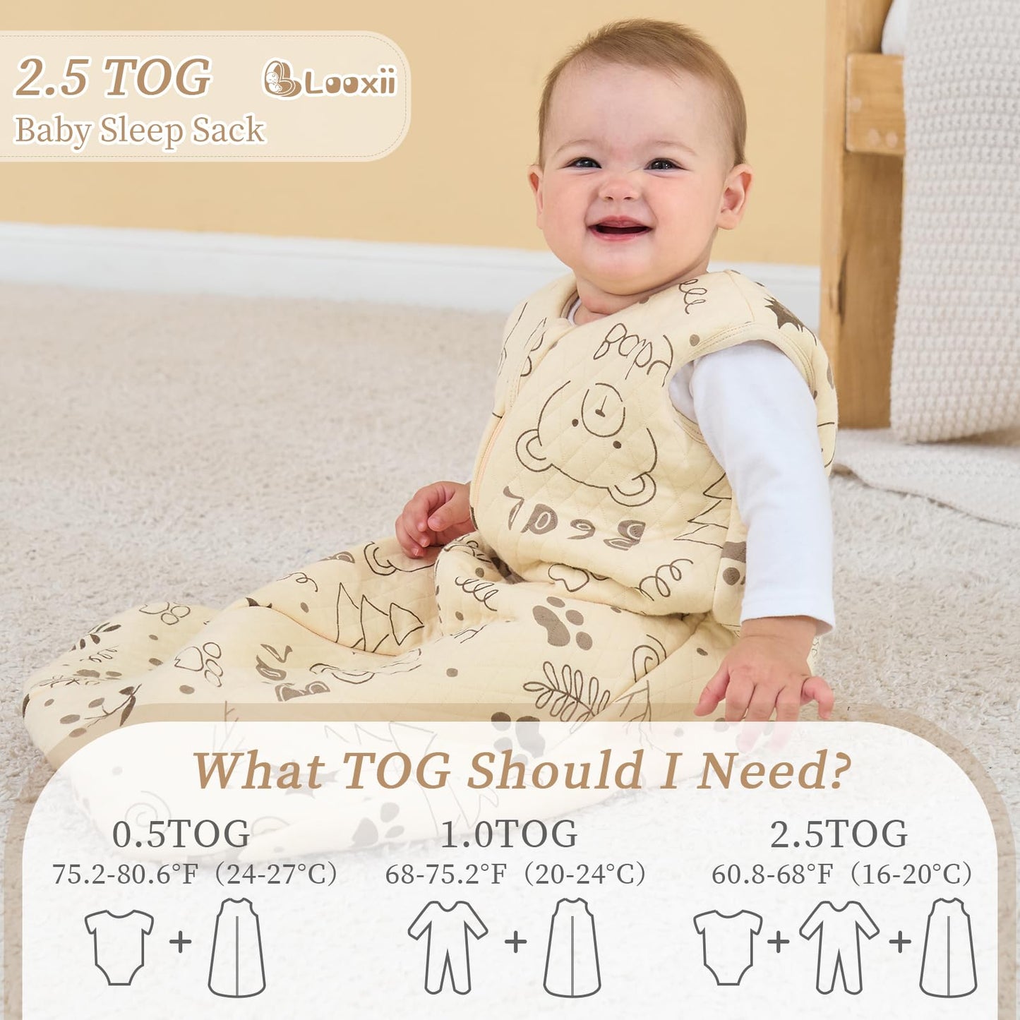 Looxii Baby Winter Sleeping Bag, Cotton, 2.5 Tog, Warm Winter Sleeping Bag, Soft Baby Sleeping Bag, Newborn in 6-12 Months, Perfect for Autumn, Winter