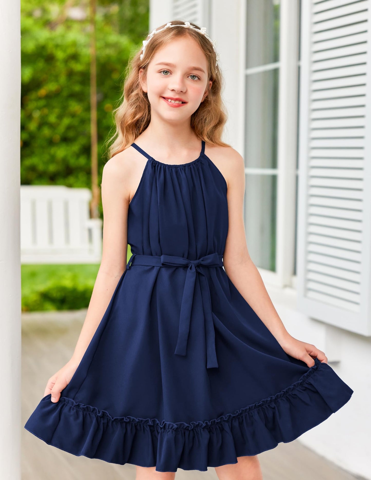 Arshiner Mädchen Kleid Neckholder Sommerkleid Rüschensaum Midikleid A-Linie Kinderkleid Swing Partykleider Abendkleid Kinder Festliche Kleider Freizeitkleid mit Gürtel 6-14 Jahre