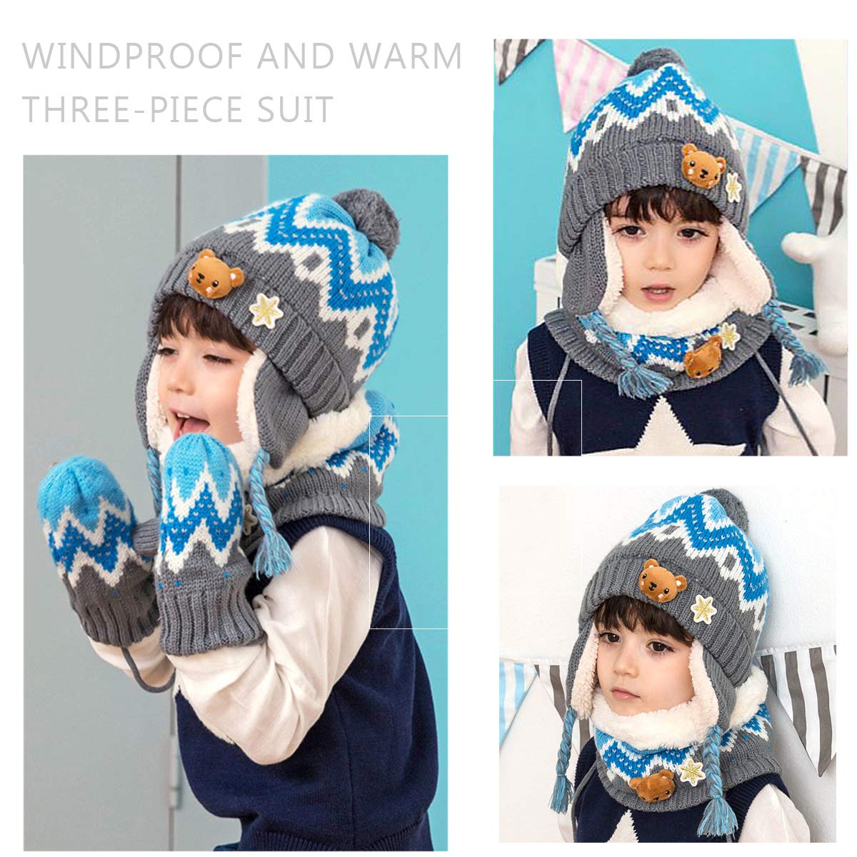 DORRISO Unisex-Baby Jungen Mädchen Mütze Schal Handschuh Set Niedlich Frühling Winter Herbst Beanie Strickmütze Warm Niedlich Klein Fuchs Wintermütze 1-6 Jahre alt