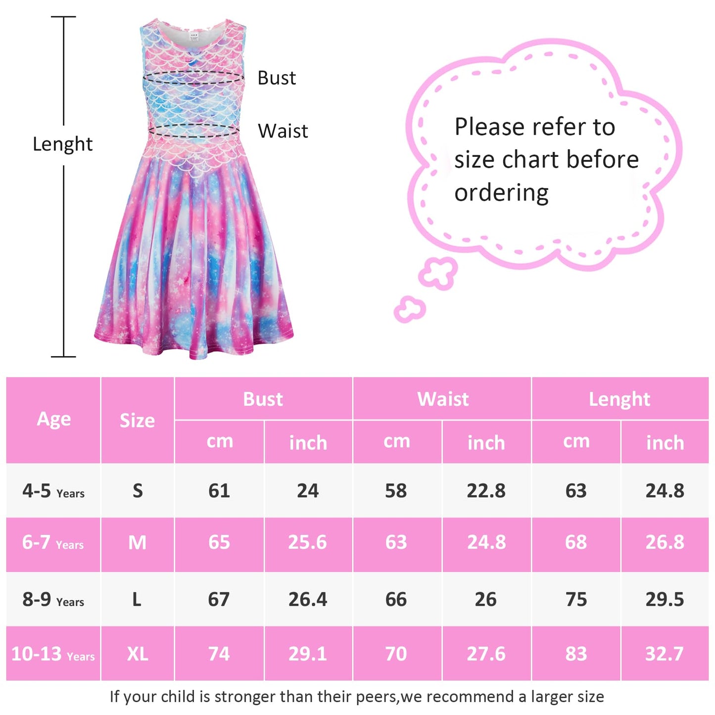 kids4ever Mädchen Kleid Ärmellos Sommerkleid Rundhals A-Linie Swing Kleid Meerjungfrau Galaxie Prinzessin Party Geburtstag 4-12 Jahre