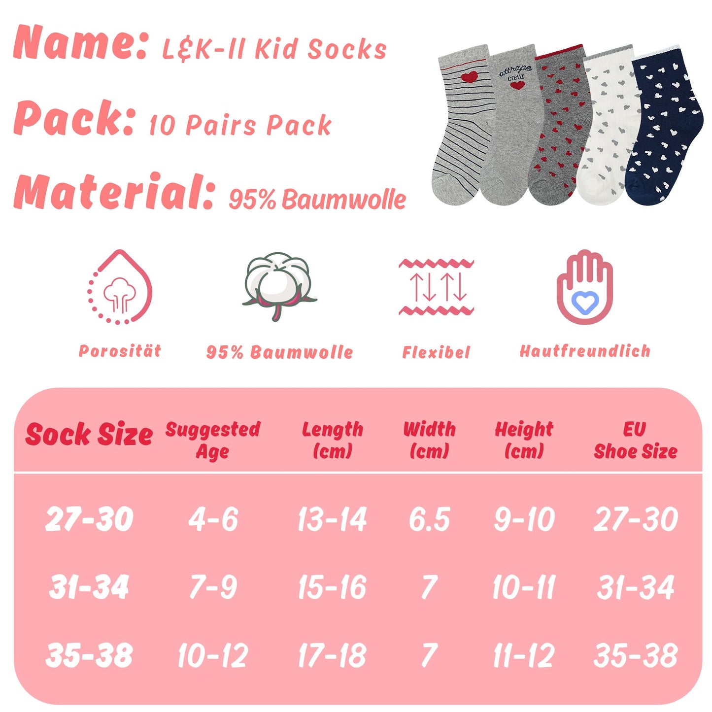 L&K-II 10/12 Paar Kinder Mädchen Socken aus Baumwolle Kleinkind niedliche Muster Kids Sneakersocken bunt 2808VA