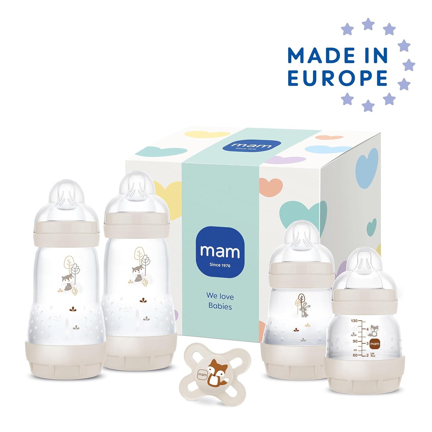 MAM Easy Start Anti-Colic Neugeborenen-Set | 0+ Mon | Babyflaschen Geschenk-Set | 94% Akzeptanz | 96% Hebammen-Empfehlung | 80% weniger Koliken | 4 Trinkflaschen & 1 Original Start Schnuller | beige