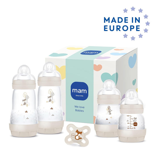 MAM Easy Start Anti-Colic Neugeborenen-Set | 0+ Mon | Babyflaschen Geschenk-Set | 94% Akzeptanz | 96% Hebammen-Empfehlung | 80% weniger Koliken | 4 Trinkflaschen & 1 Original Start Schnuller | beige