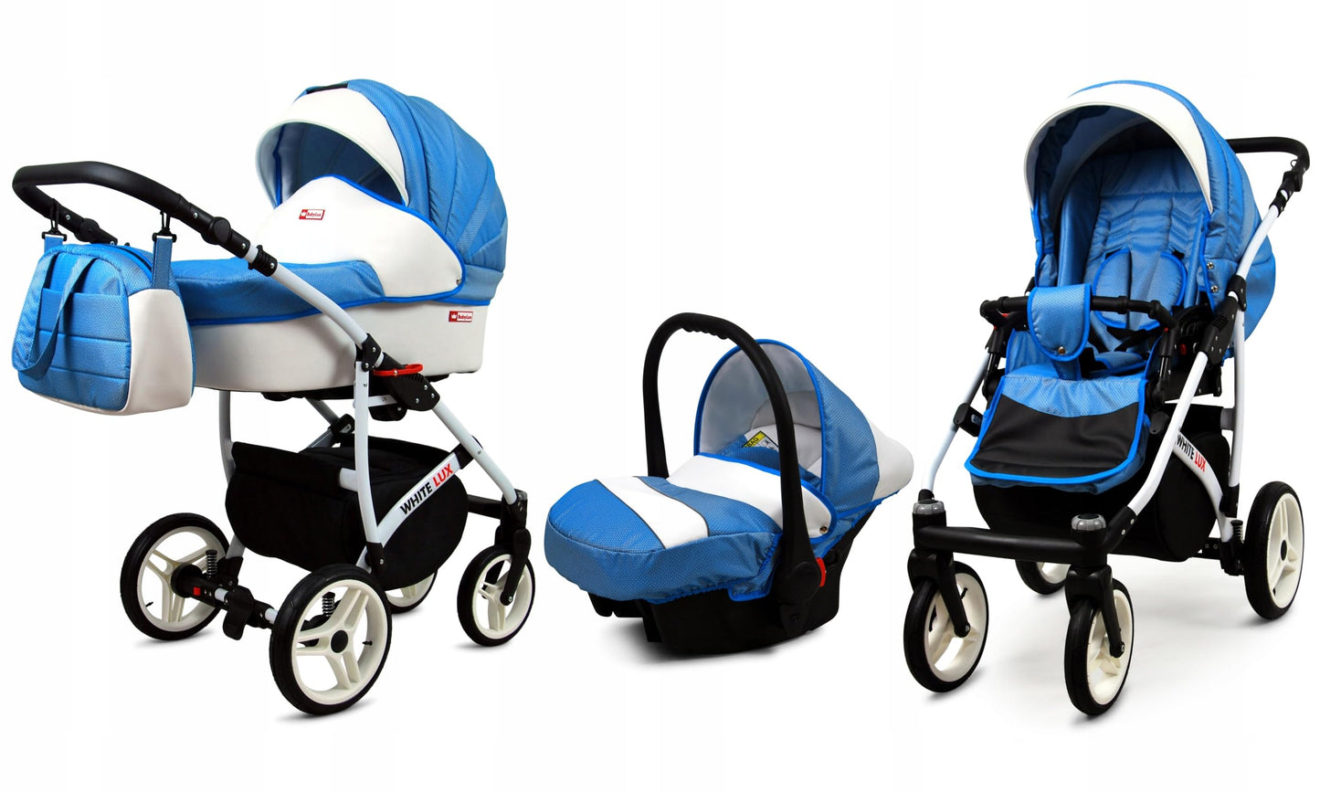 BabyLux® Bambimo stroller set 3 in 1 - White Lux - incl. carrycot, buggy sports seat, car seat - stroller set - combi stroller with changing bag, rain cover, etc.