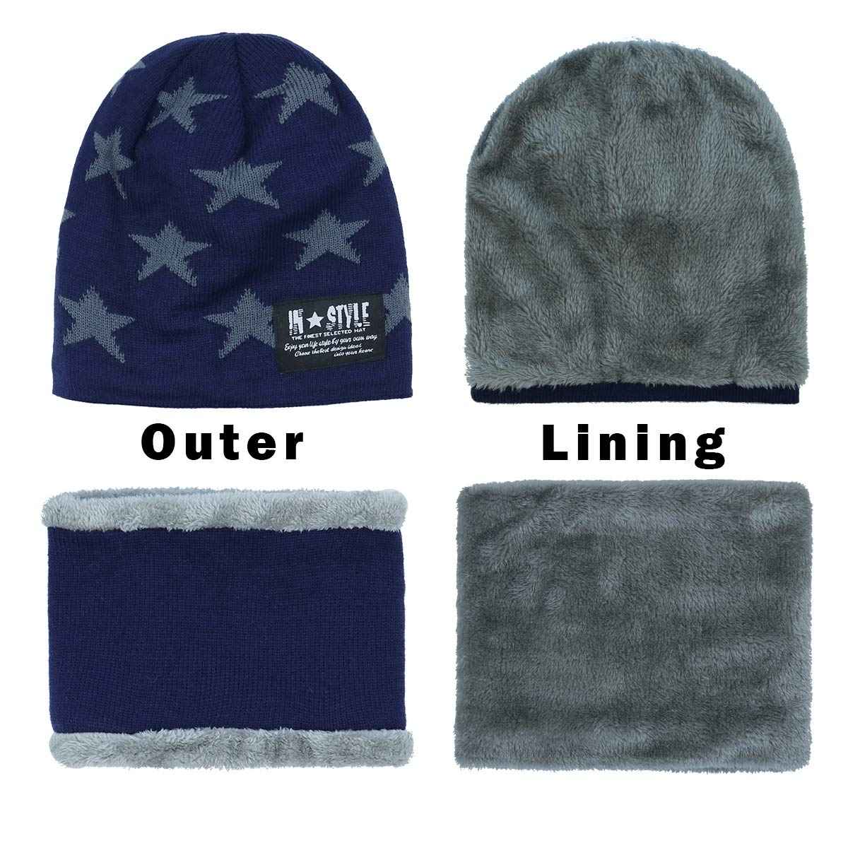 YR.Lover Momoon Dicke Beanie Hut +Schal Set Winter Warmen Schnee Knit Skull Cap für Kinder Jungen Mädchen