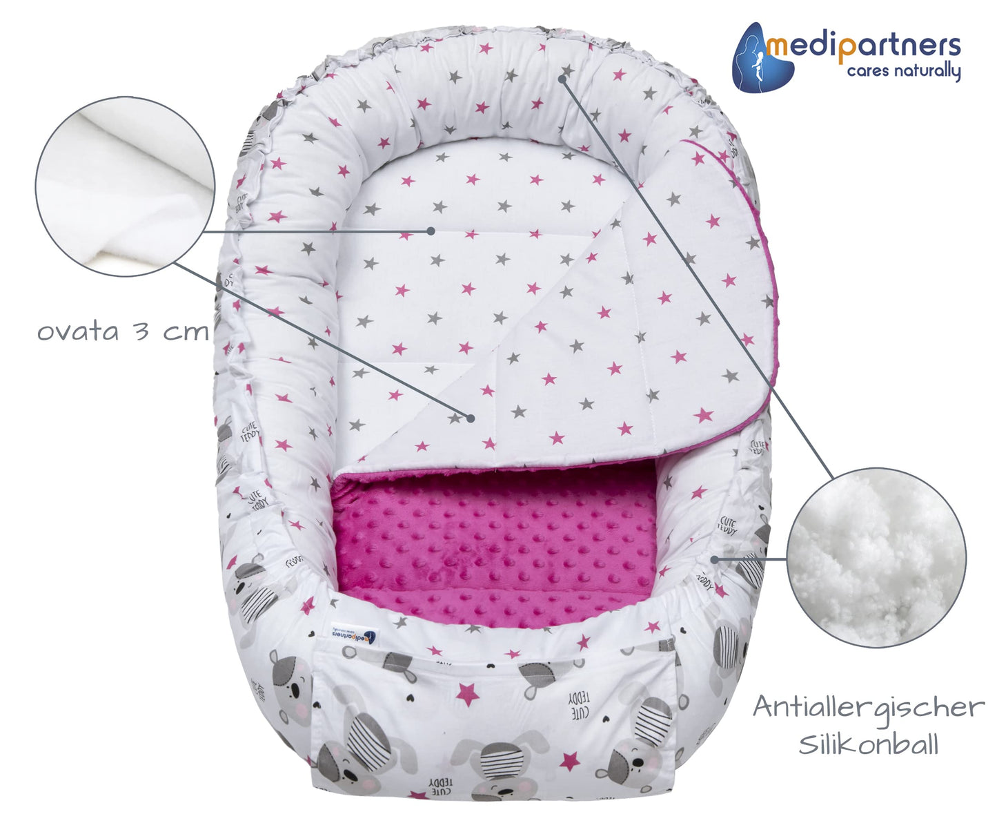 Medi Partners Babynestchen Babynest Set 100x60x15 Kuschelnest 5 teilig herausnehmbarer Einsatz Kokon Nestchen Babys Neugeborene 100% Baumwolle (REH mit Grauem Minky)