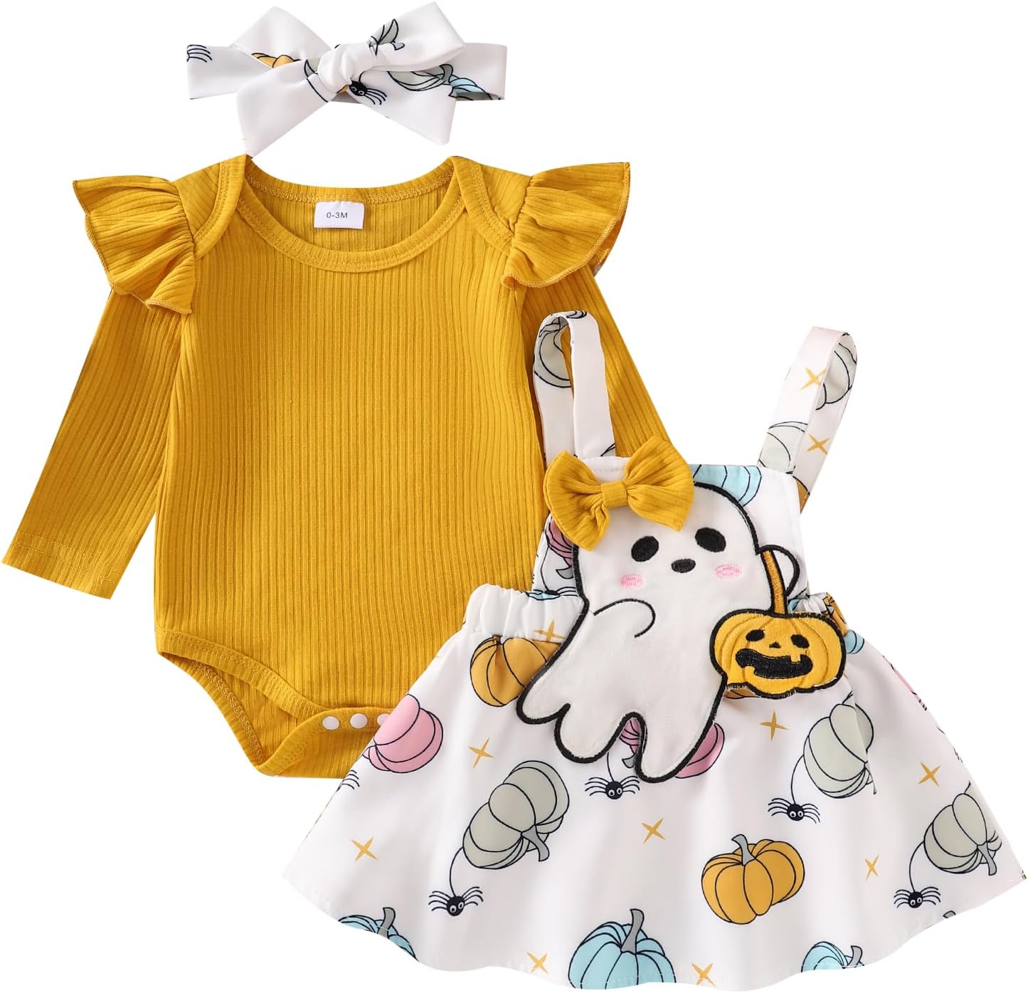 ESSECMBS Infant Baby Girl Halloween Romper Skirt 3 Pieces Clothing Set Long Sleeve Ruffle Shoulder Body Braces Pumpkin Ghost Skirt Headband Girls All Saints Clothing