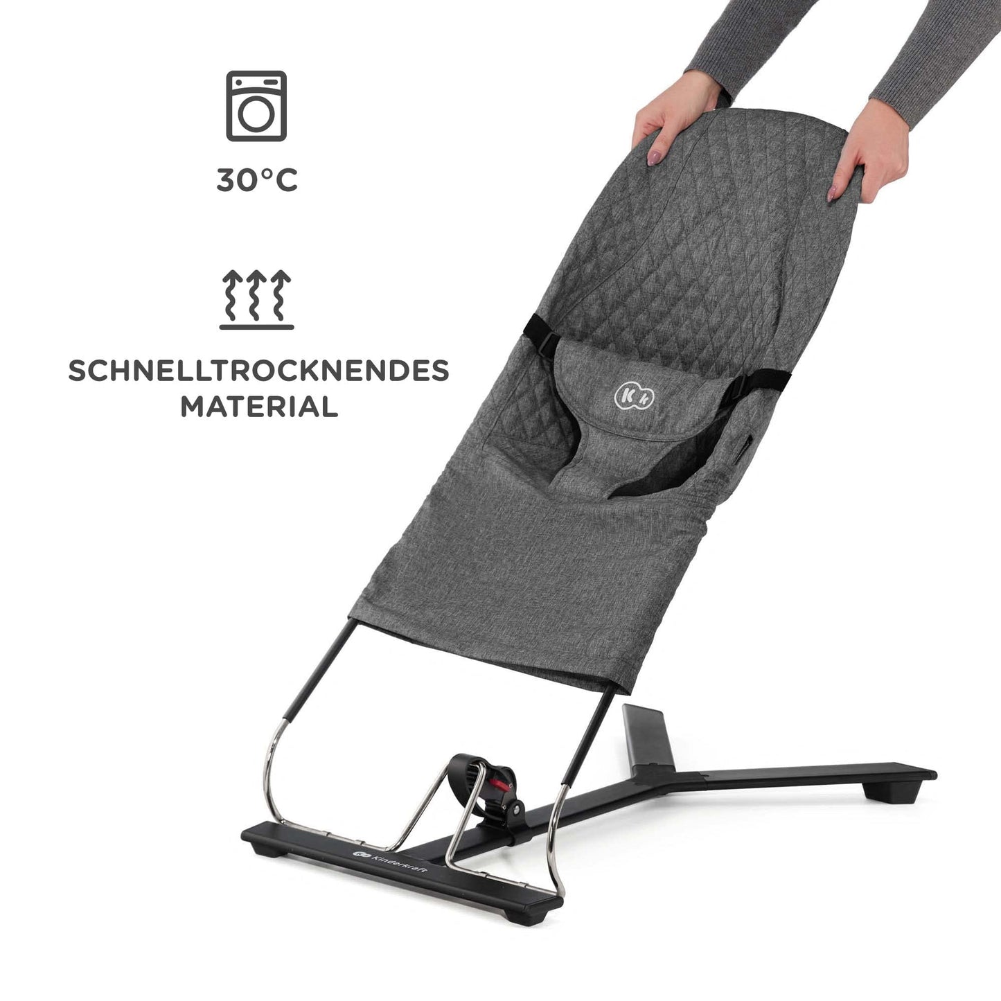 Kinderkraft MIMI Baby Rocker Play Bar with 2 Toys, Adjustable Backrest, Soft Material, Minimalist Scandinavian Design, Foldable, Grey