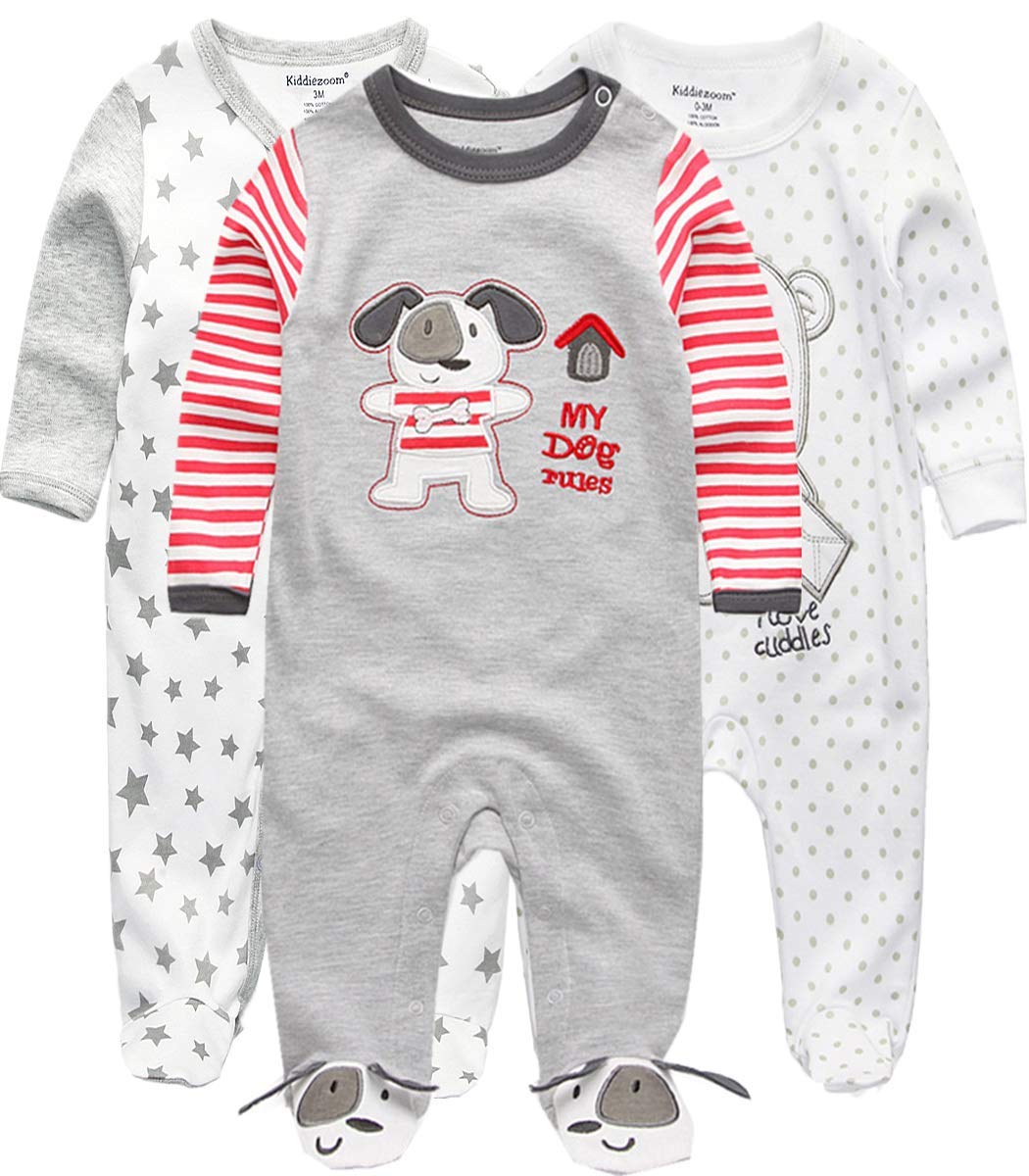 Kiddiezoom Unisex Baby Boys Girls Sleepsuit Pajamas Cotton Overalls Rompers, 3 Pack