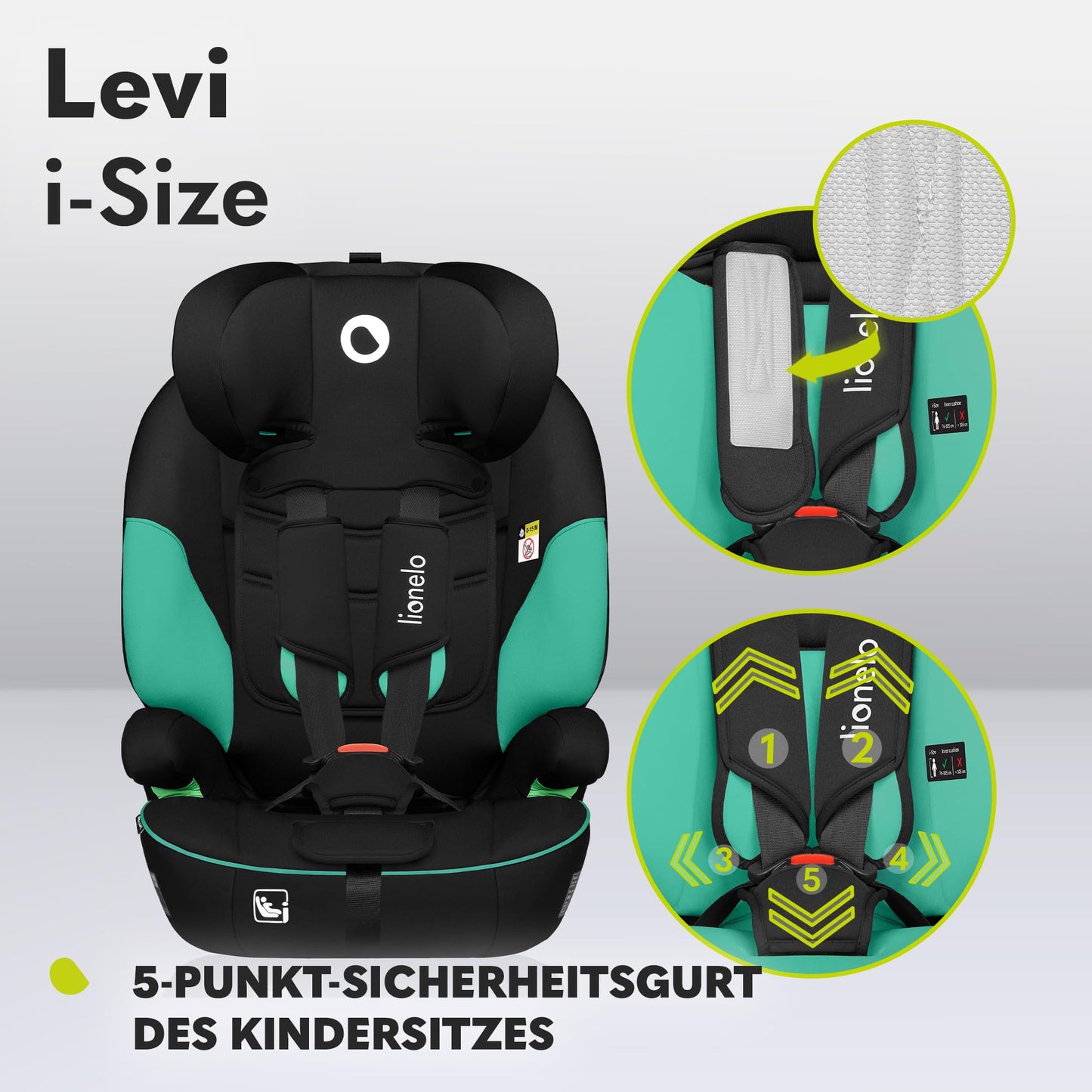 LIONELO LEVI I-SIZE 76-150 cm Kinderautositz, Gruppe 1 2 3, Seitenschutz, 10 Grad Kopfstützenverstellung Bequeme Armlehnen Verstellbare Rückenlehne, R129 i-Size - Meloni2