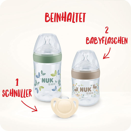 NUK for Nature Start Set Babyflasche und Schnuller, 0−6 Monate, 100 % natürliche Rohstoffe, 2 x Flaschen (150 ml + 260 ml), 2 x Schnuller aus Silikon, BPA-frei, 4 Stück - Meloni2