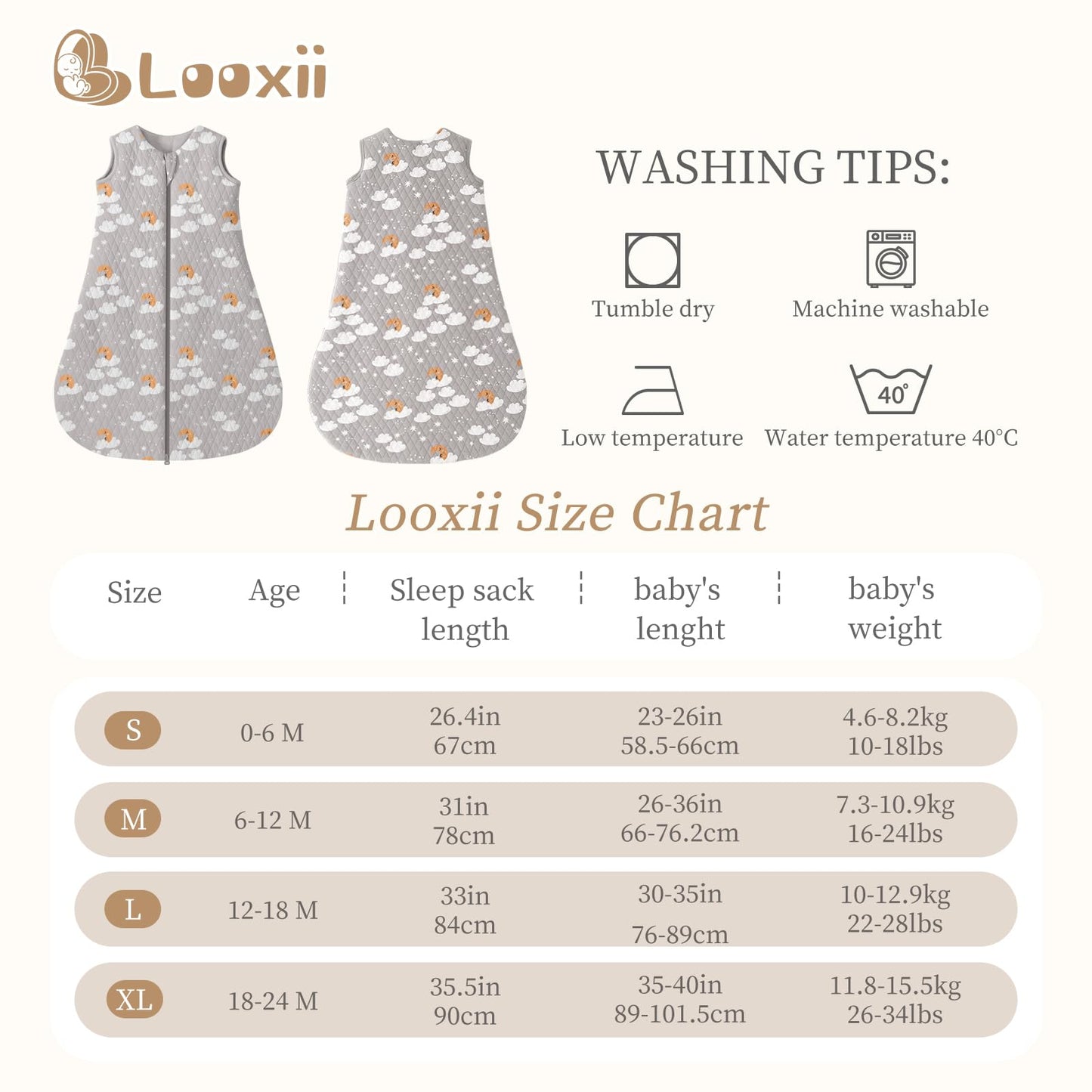 Looxii Baby Winter Sleeping Bag, Cotton, 2.5 Tog, Warm Winter Sleeping Bag, Soft Baby Sleeping Bag, Newborn in 6-12 Months, Perfect for Autumn, Winter
