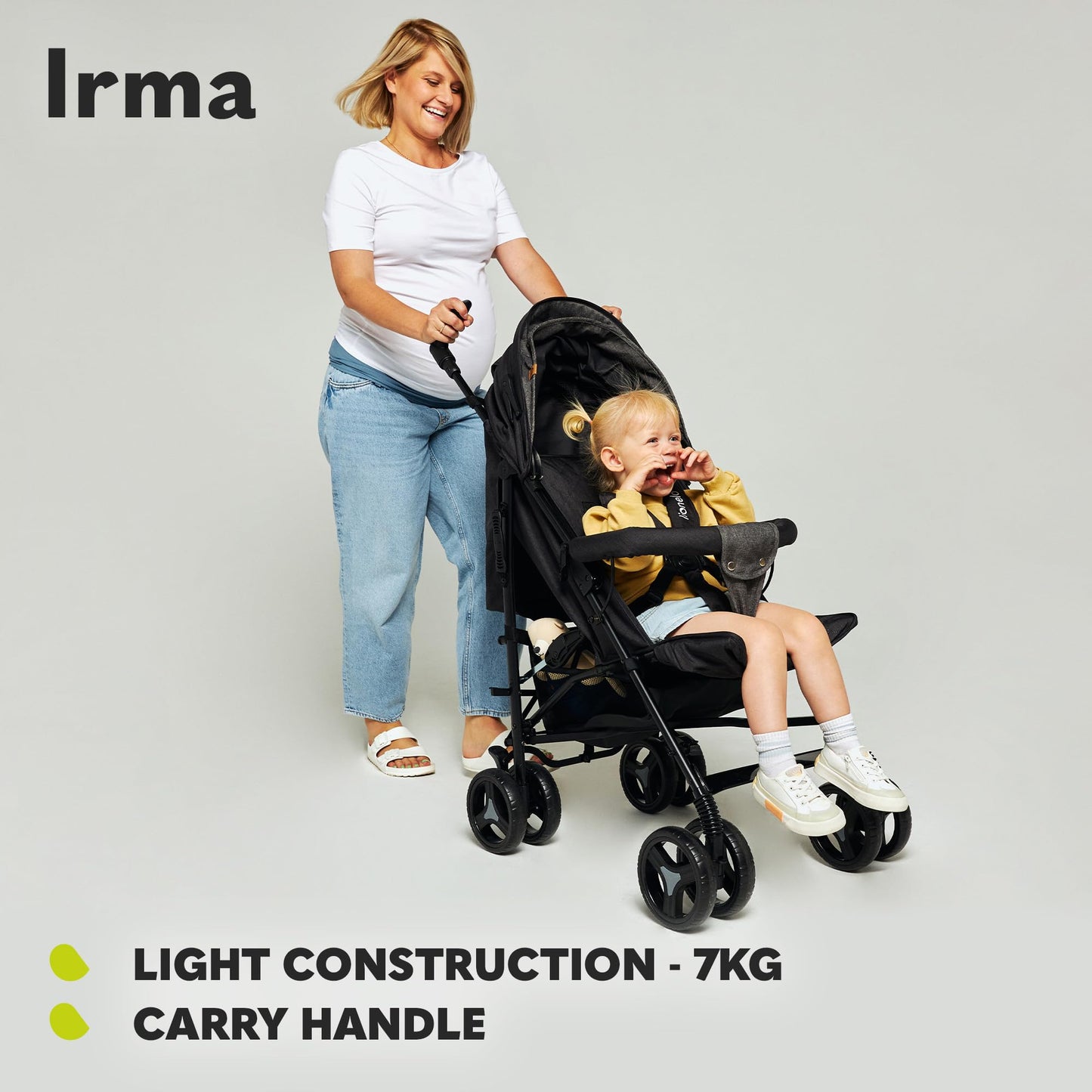 Lionelo Irma Pushchair up to 15 kg, Lightweight Modern Pushchair with Reclining Function, Foldable, Large 6 Inch Wheels, Large Basket, Bag, Mosquito Net