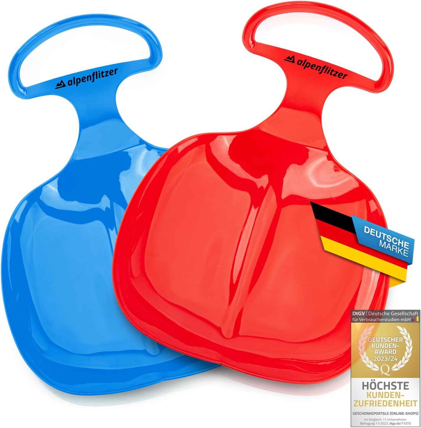 Alpenflitzer® 2 Stück Popo-Rutscher Bob; Schlitten mit Griff; Kinder Po-Rutscher Rodel Schneerutscher Bob Schneeflitzer zum Rodeln & Schlittenfahren 2er Set blau & rot