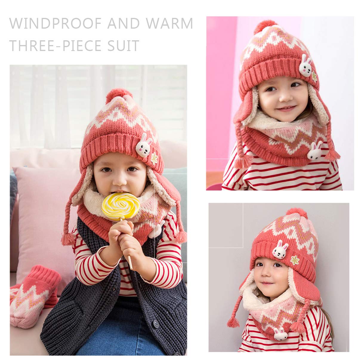 DORRISO Unisex-Baby Jungen Mädchen Mütze Schal Handschuh Set Niedlich Frühling Winter Herbst Beanie Strickmütze Warm Niedlich Klein Fuchs Wintermütze 1-6 Jahre alt