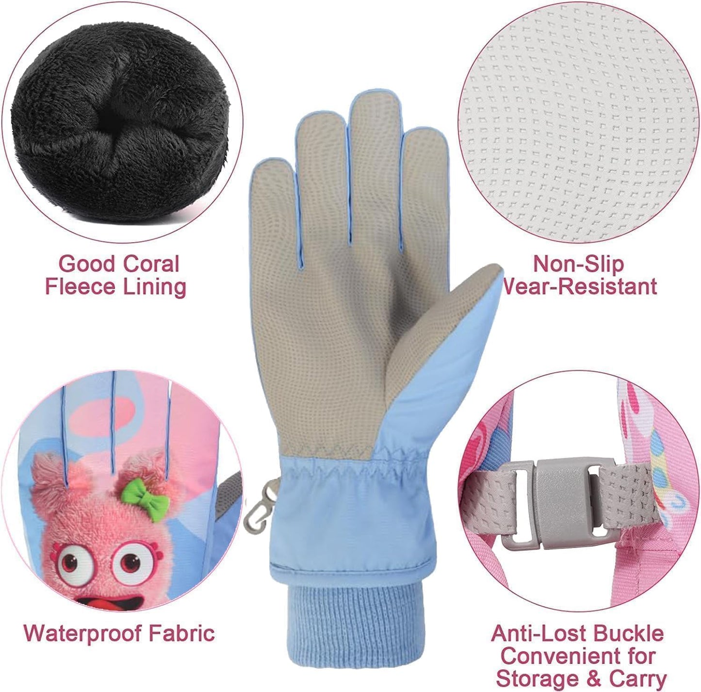 FAYHIJUN Children's Winter Snow Gloves Ski Gloves for 1-13 Years Girls Boys PU Palm Waterproof Windproof Warm Fleece Winter Gloves Cycling Gloves