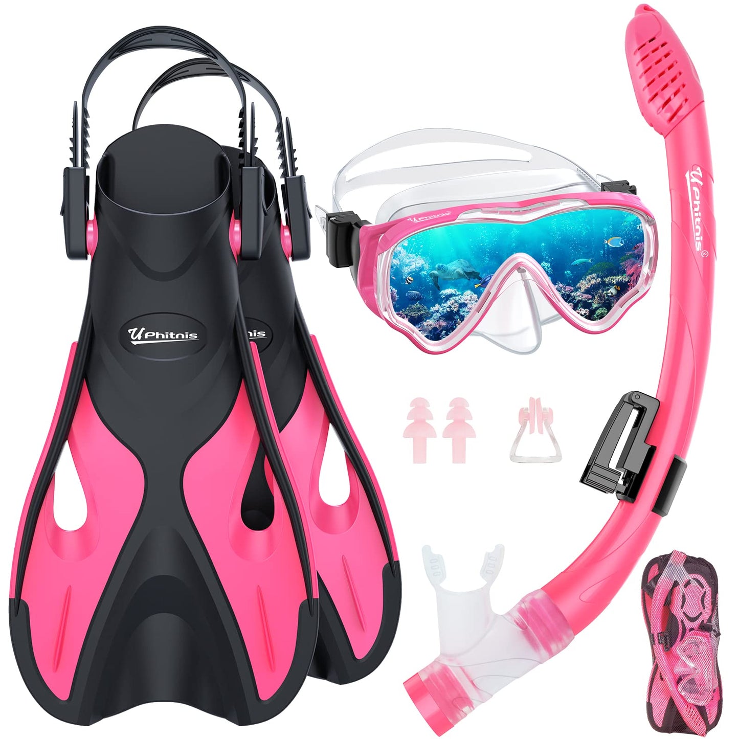 UPhitnis Kinderschnorchelset mit Flossen, Antibeschlag 180° Panorama Taucherbrille, verstellbare Schwimmflossen und Premium Dry Schnorchel, 3-in-1 Schnorchelset für Kinder mit Tragetasche