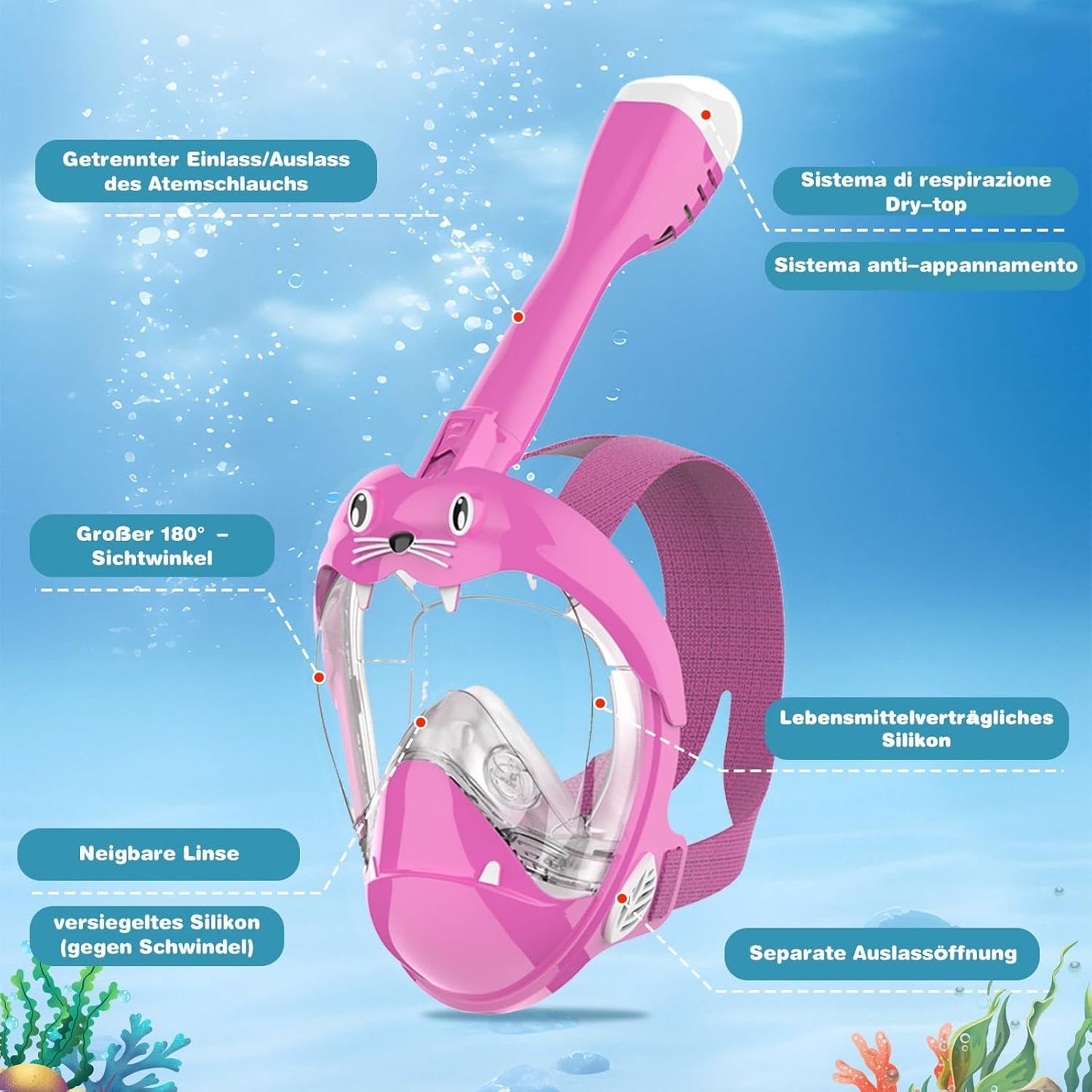Schnorchelmaske Kinder Vollmaske – CO₂ sichere Tauchmaske ab 6 Jahren mit Anti-Beschlag, Anti-Leck, 180° Sichtfeld – Schnorchel Vollgesichtsmaske inkl. Silikon & Tragetasche
