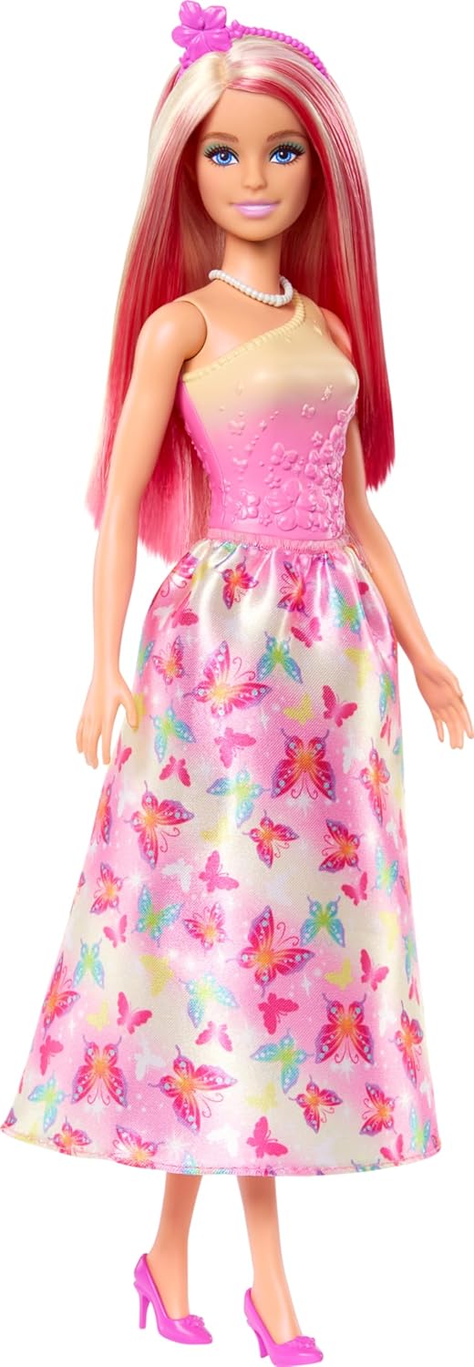 Barbie Royal Doll with Fantasy Hair in Blonde and Pink Colourful Accessories, Gradient Pink Top and Butterfly Skirt HRR08