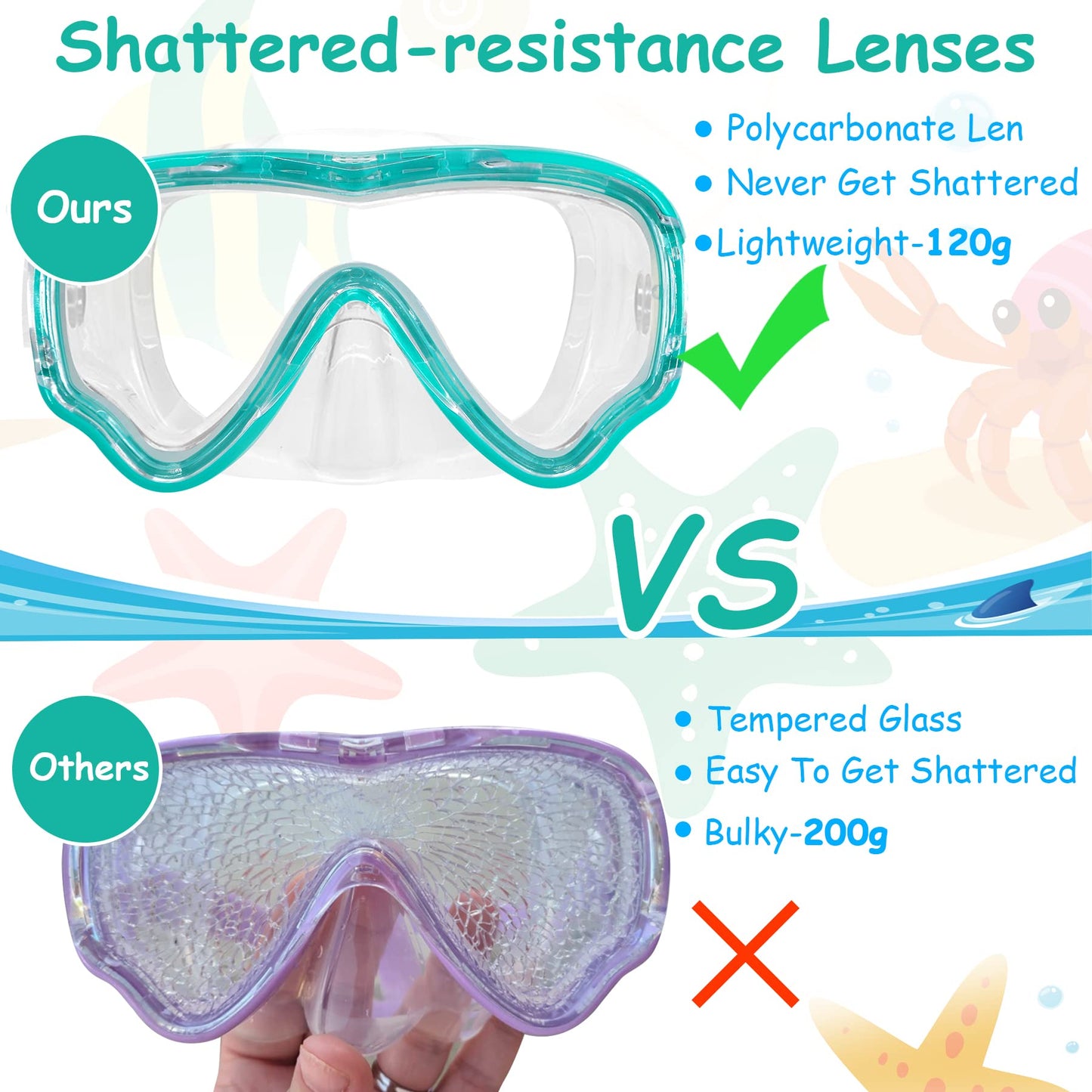 Vvinca Children's Diving Goggles with Fabric Band, Swimming Goggles Children for Years Boys Girls, Snorkel Mask Children 180° Panorama Anti-Leak Diving Mask Children for 3-13 Years