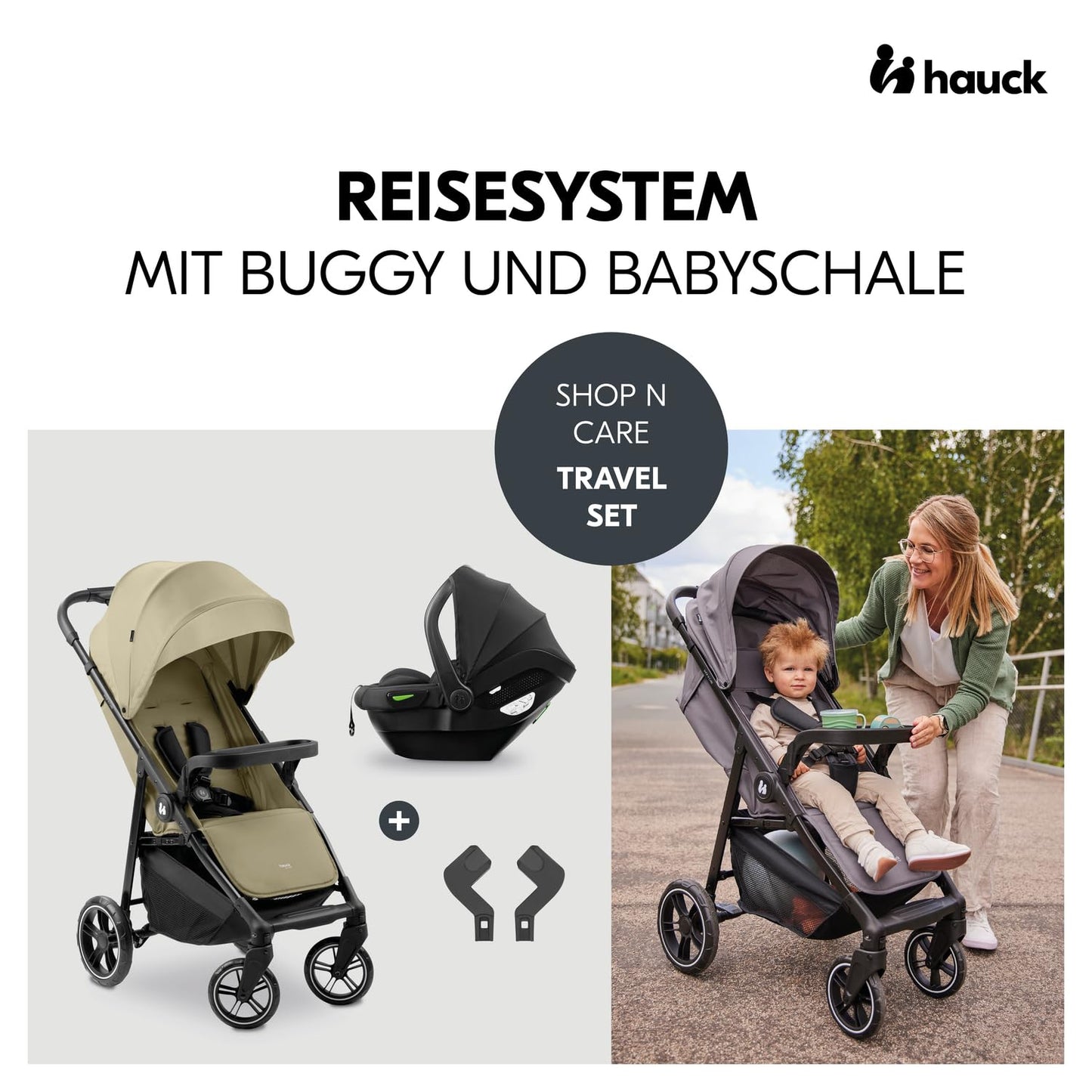 hauck 3in1 Kinderwagen Set Shop N Care Trio Set inkl. Buggy, Babywanne, Babyschale ab Geburt bis 22 kg, Klein Zusammenklappbar, Liegefunktion, Getränkehalter & Tablett, UV-Schutz 50+ (Grey)