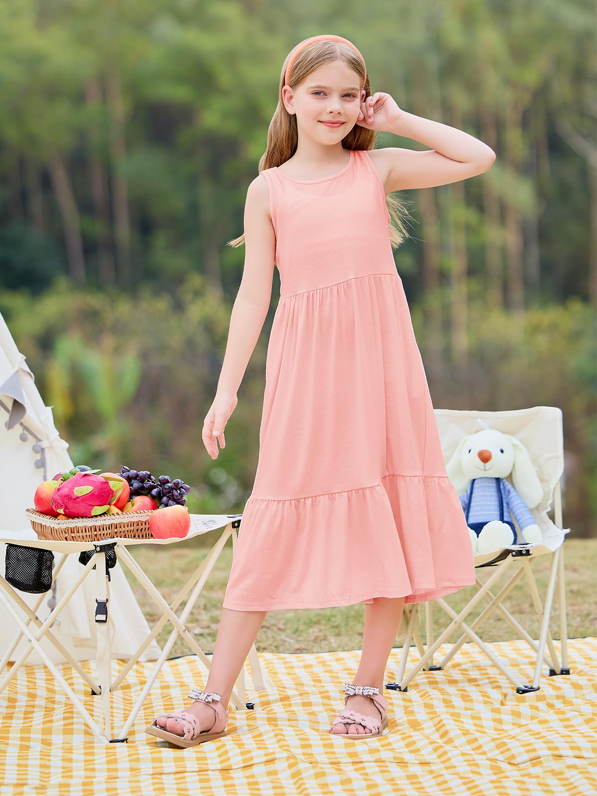 Haloumoning Girls' Dresses Summer Sleeveless Dress Round Neck Tank Top Dress Kids Long Casual Dress Sundress