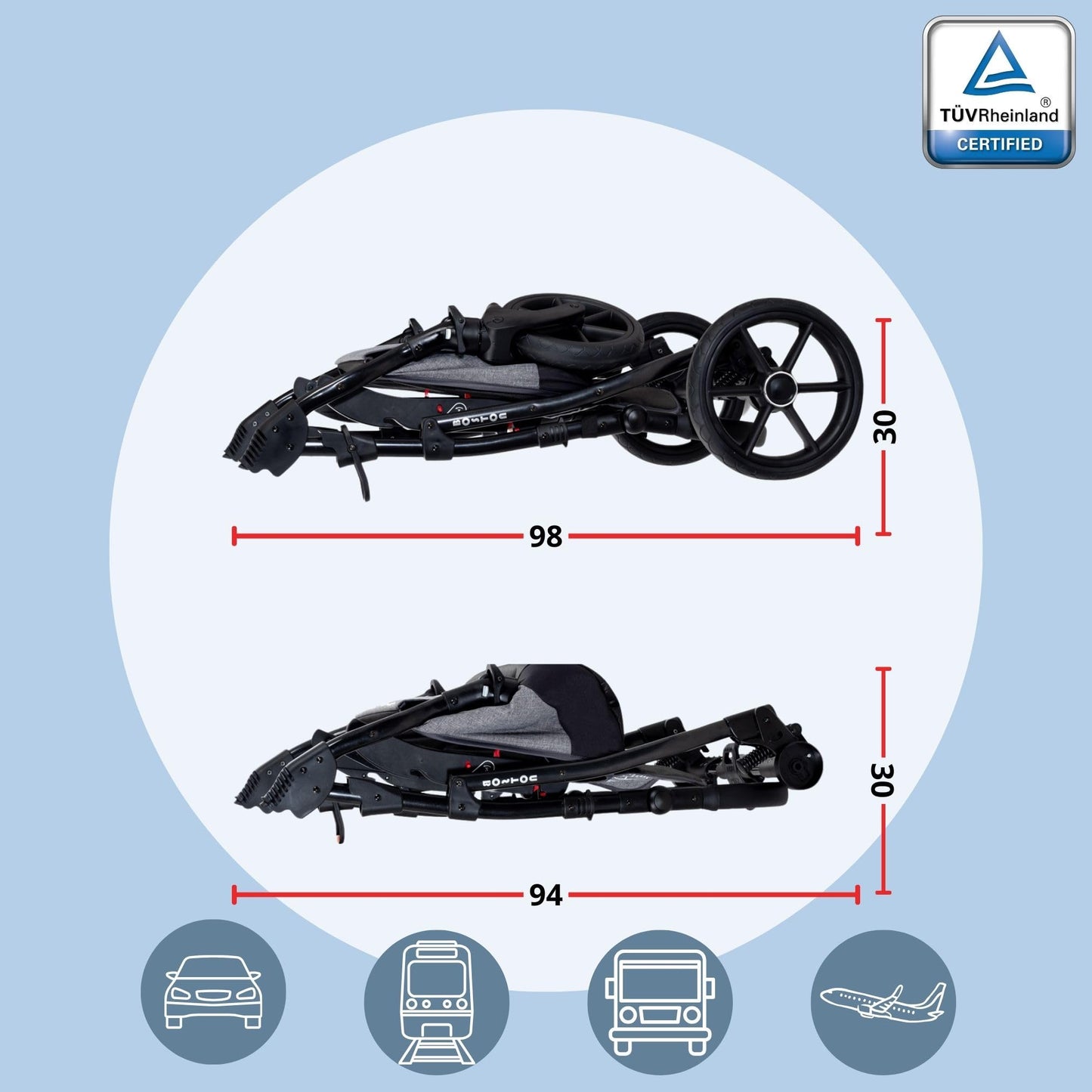 GaGaDumi Boston Kinderwagen 3 in 1 Komplettset mit Autositz - Kombikinderwagen mit großen Rädern - TÜV-zertifiziert - Baby Stroller Set - für Neugeborene und Kleinkinder Schwarz