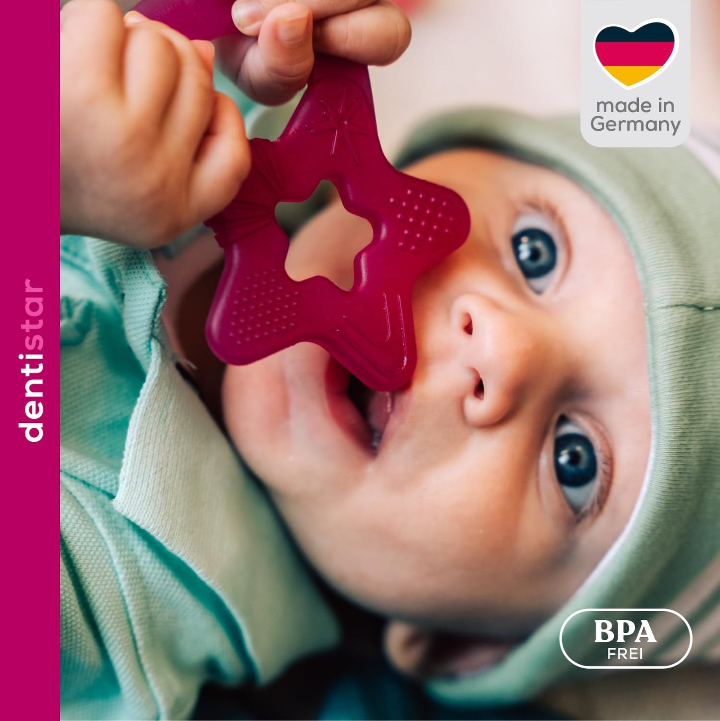 Dentistar Beißring 2er-Set – Teether für Babys & Kleinkinder ab 3 Monate – Baby Beißring mit Griff aus weichem Material zur Zahnungshilfe & Massage – Made in Germany – Pink & Lila