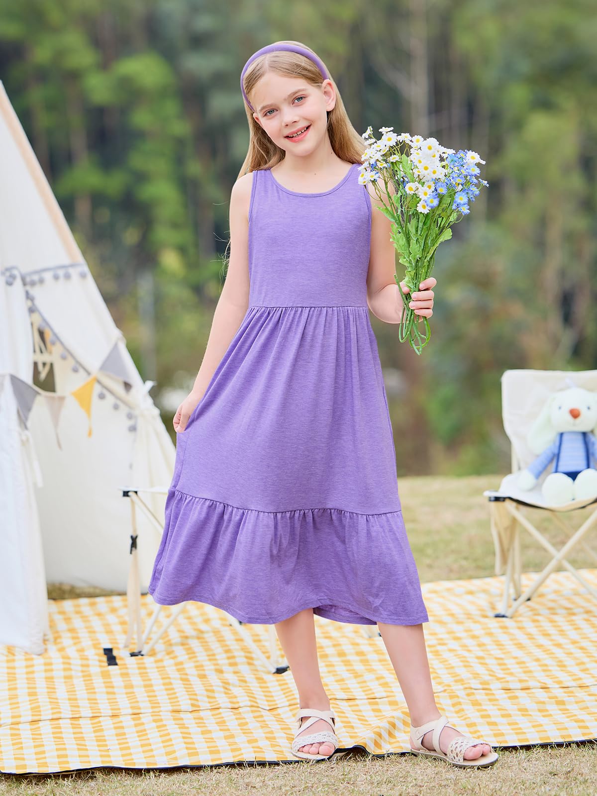 Haloumoning Girls' Dresses Summer Sleeveless Dress Round Neck Tank Top Dress Kids Long Casual Dress Sundress