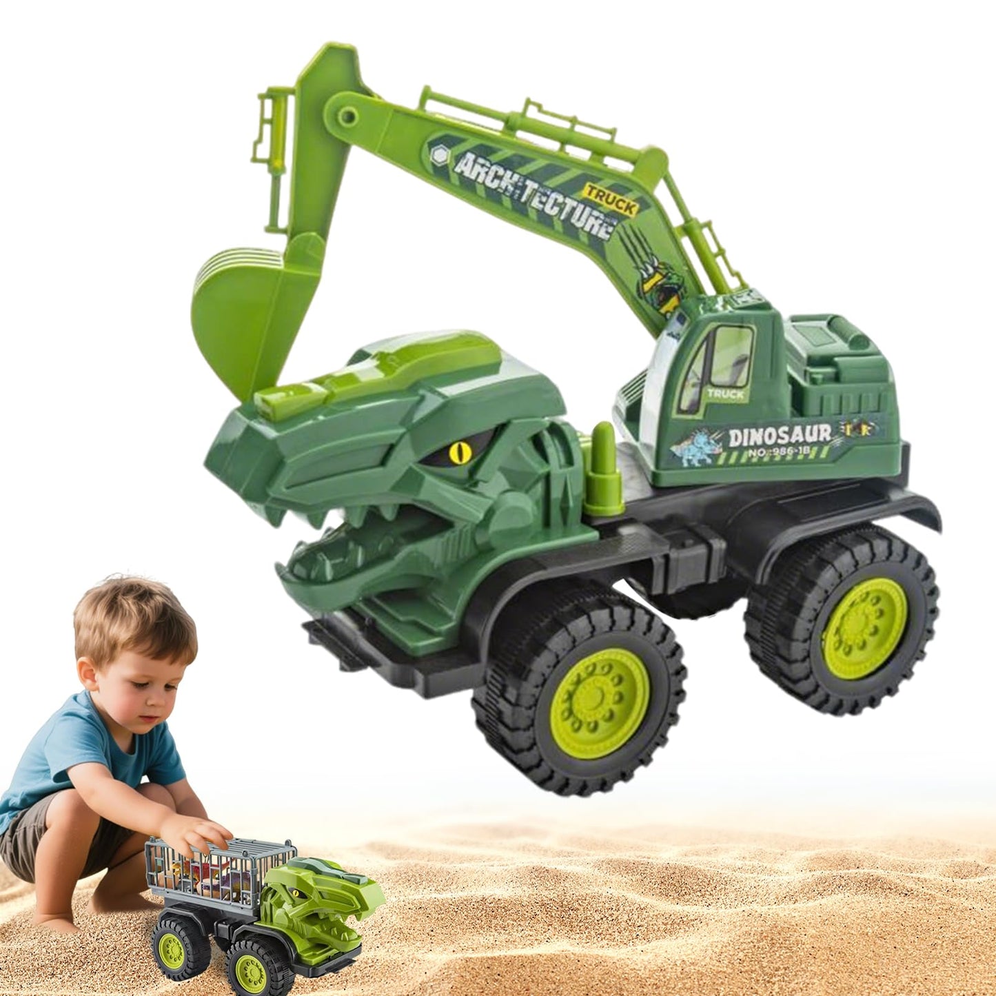 Baustellenfahrzeuge ab 3 Jahren, Set mit 3 Dinosaurier-Sandgruben-Spielzeugset mit Bagger, Transporter, Muldenkipper, robustem Sandspielzeugfahrzeugen Auto, geeignet als Sandspielzeug für Kinder ab 2+ (01)