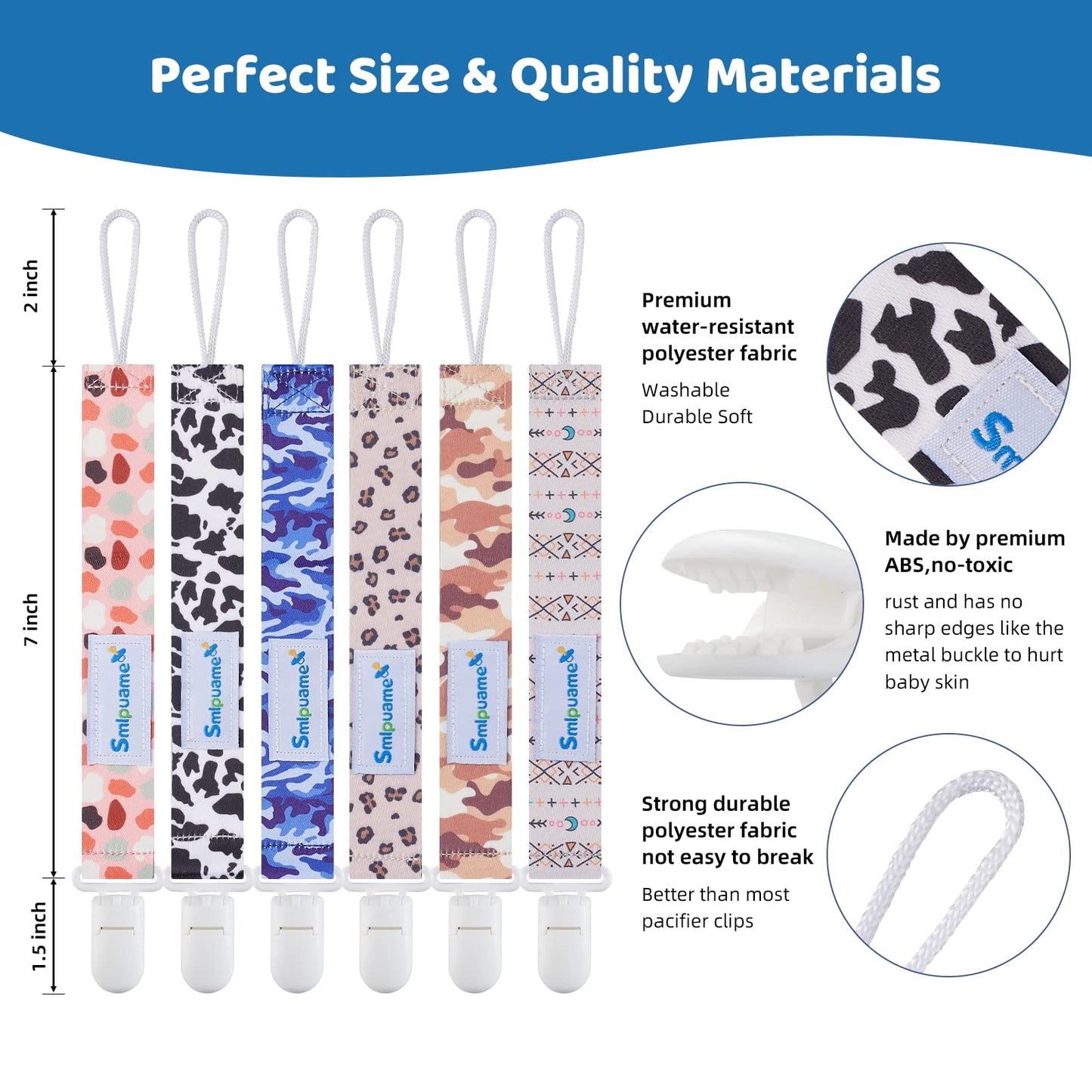 Smlpuame Baby Schnullerkette Mädchen Junge,6 Stück BPA-Frei Schnullerband Stoff Mädchen Junge,Schnuller Kette Nuckelkette Passen Die Meisten Schnuller und Beißspielzeug,Dummy Clips für Baby (Tier)
