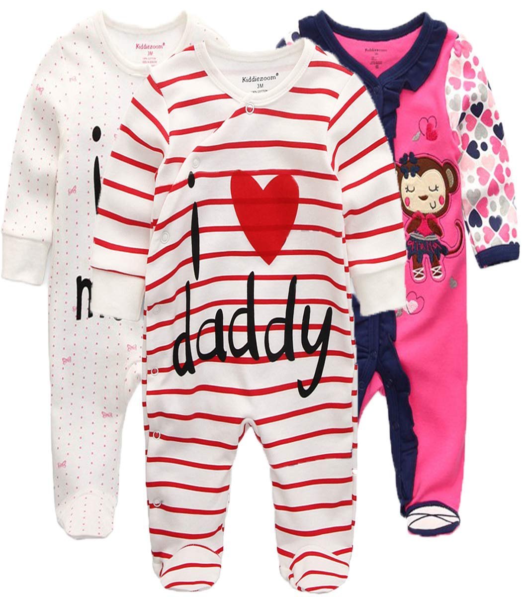 Kiddiezoom Unisex Baby Boys Girls Sleepsuit Pajamas Cotton Overalls Rompers, 3 Pack