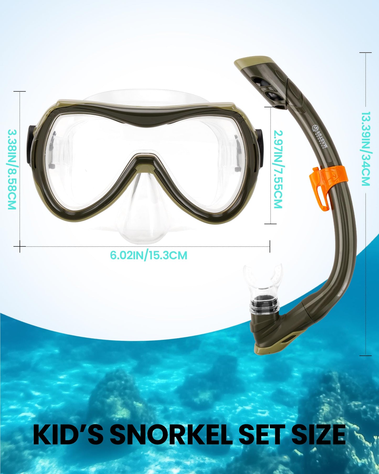 OutdoorMaster Marlin Children's Snorkel Set, Adjustable Strap, Dry Top Diving Mask, Anti-Fog Snorkel Mask, Children's Swimming Goggles for Boys and Girls, Age 4-14
