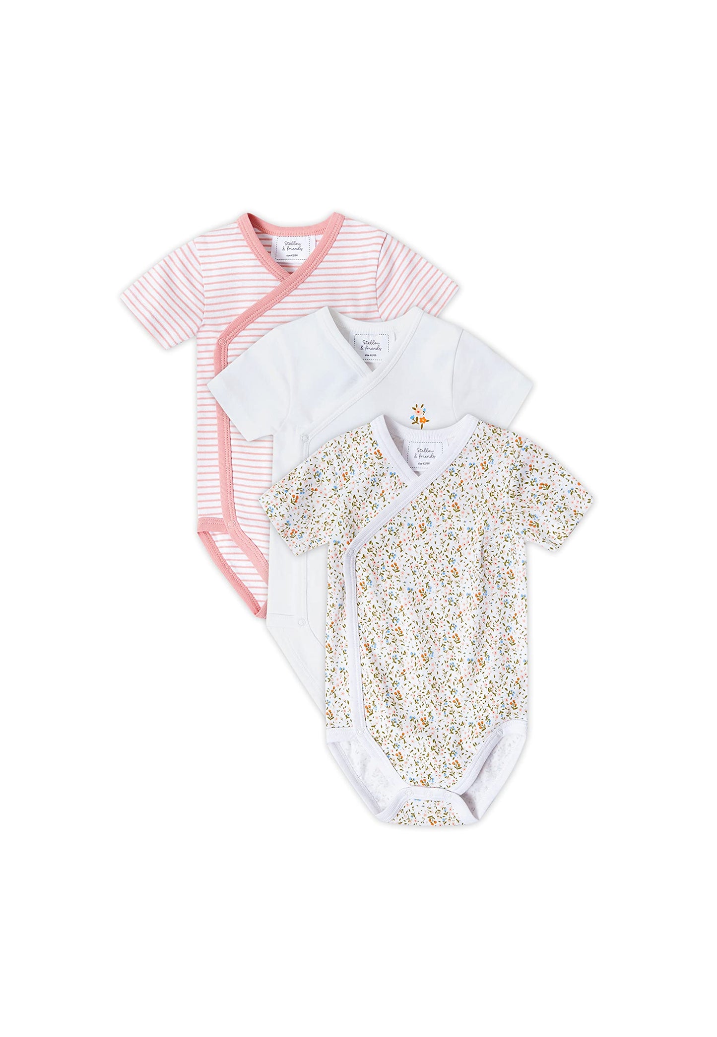Stellou & friends Baby Body, 100% Bio-Baumwoll Wickelbody 3er MultiSet, kuschelweiche und hochwertige Kinder Kleidung für Jungs und Mädchen, Langarm & Kurzarm-body, OEKO-TEX 100 Zertifiziert