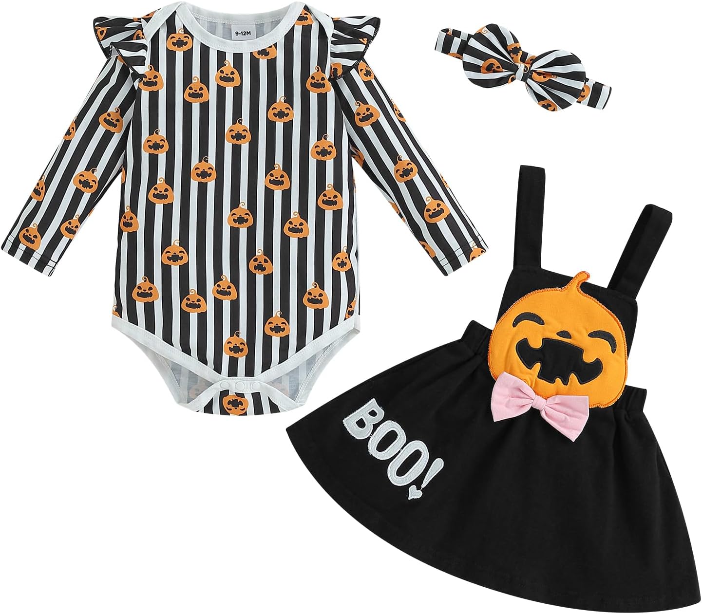 ESSECMBS Infant Baby Girl Halloween Romper Skirt 3 Pieces Clothing Set Long Sleeve Ruffle Shoulder Body Braces Pumpkin Ghost Skirt Headband Girls All Saints Clothing