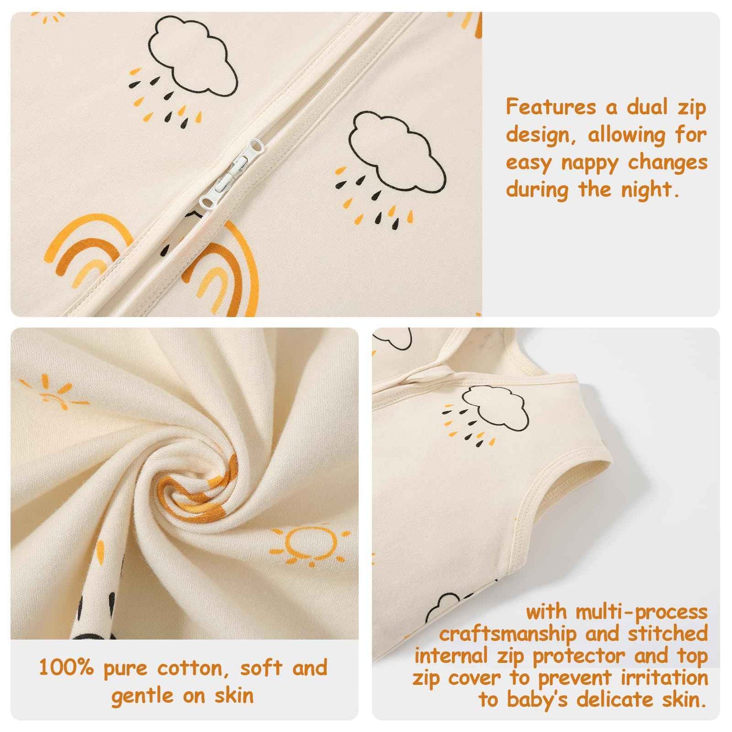 PewinGo Baby Sleeping Bag, 0.5 Tog, 2 Pieces, Made of 100% Cotton, for Newborns 0-6 Months, Double Zip, Soft & Breathable, Machine Washable (Beige)