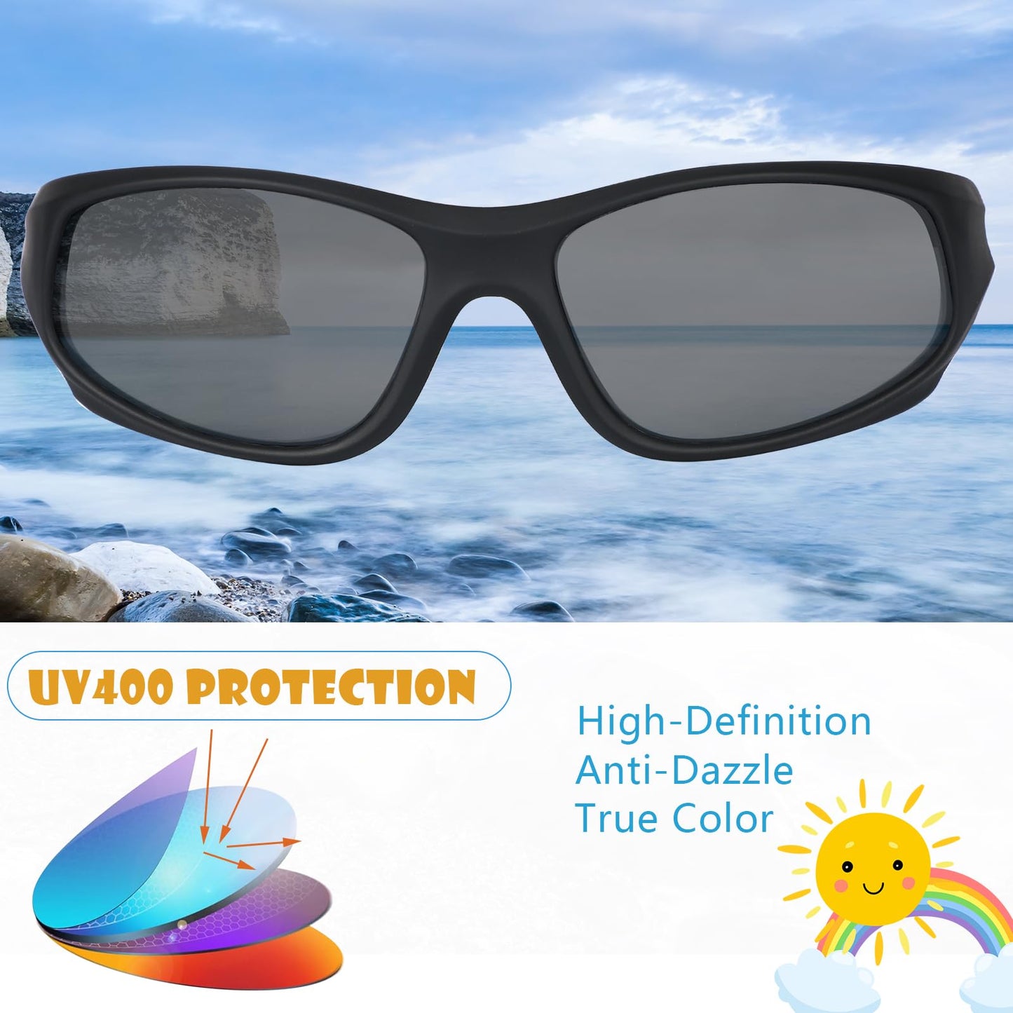 Hifot Sonnenbrille Kinder Polarisierte Sportbrille für Jungen und Mädchen UV400 Schutz gegen UltravioletteFahrradbrille Silikon Sonnenstrahlen Alter 3-12 Jahre