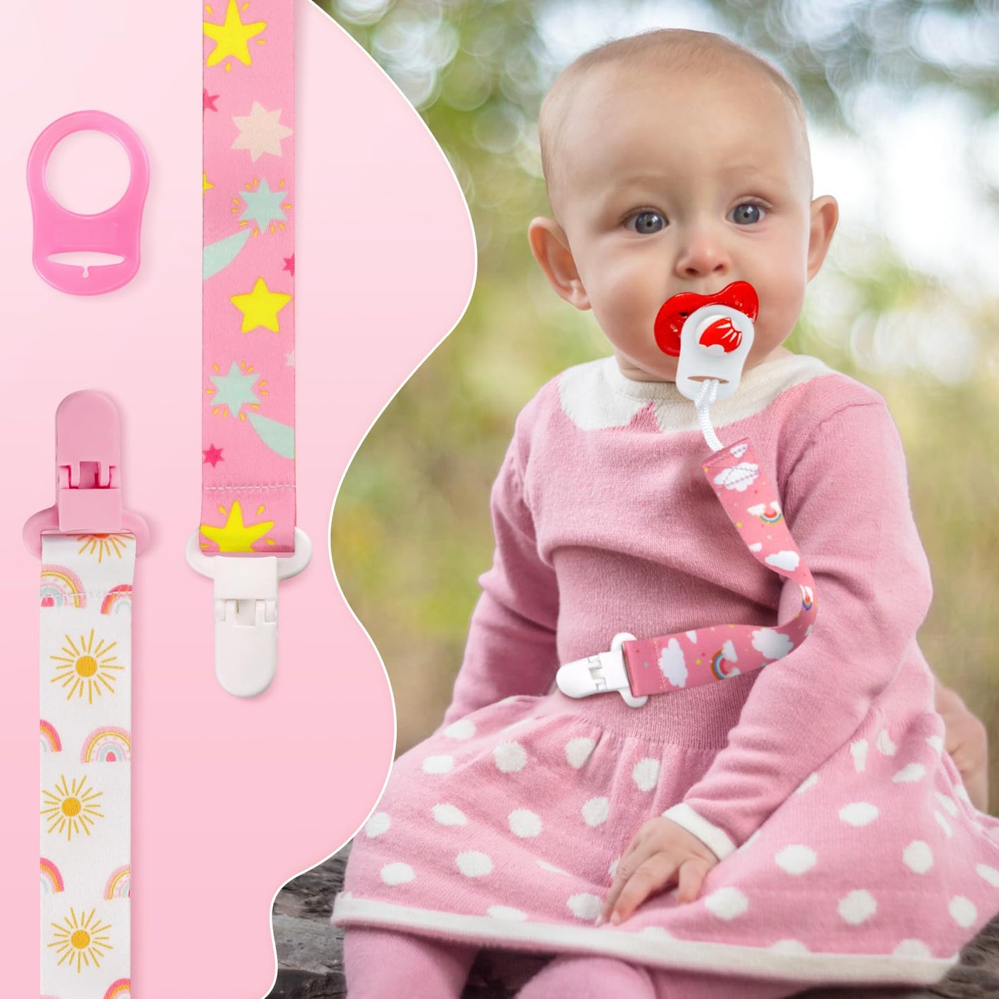 Suofuolef 4 Pack Schnullerkette Baby Mädchen, Baby Schnullerband Set mit Adaptern, Schnuller Clips für Neugeborenen Geburt & Taufe Geschenk, Rose