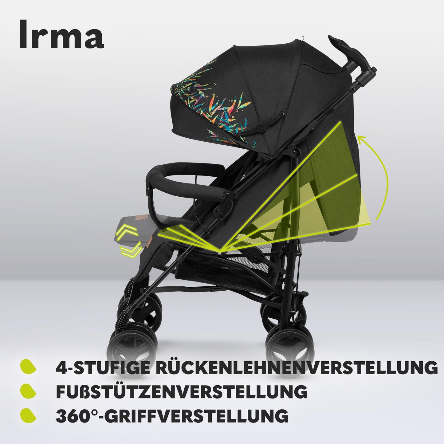 Lionelo Irma Pushchair up to 15 kg, Lightweight Modern Pushchair with Reclining Function, Foldable, Large 6 Inch Wheels, Large Basket, Bag, Mosquito Net