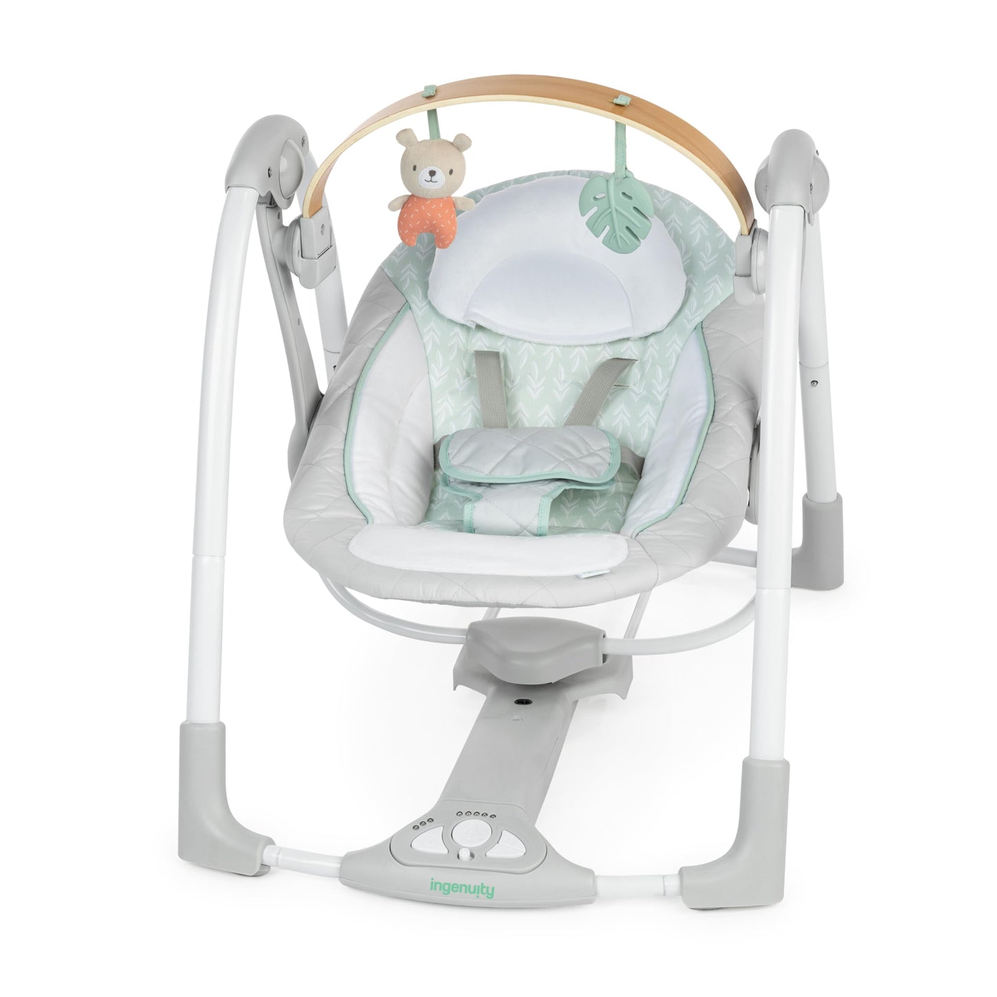 Ingenuity Hugs & Hoots zusammenklappbare & tragbare Babyschaukel, 5 Schaukelgeschwindigkeiten, 8 Melodien, 3 Naturgeräusche, Lautstärkeregulierung und Spielzeugbügel, ab der Geburt bis 9kg