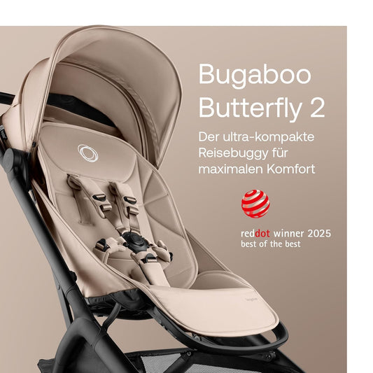 Bugaboo Butterfly 2 Reisebuggy Set – leichter, faltbarer Kinderwagen mit Sicherheitsbügel & Regenabdeckung – Handgepäckgröße, mit Liegefunktion – ab 6 Monaten bis 4 Jahre – Desert Taupe