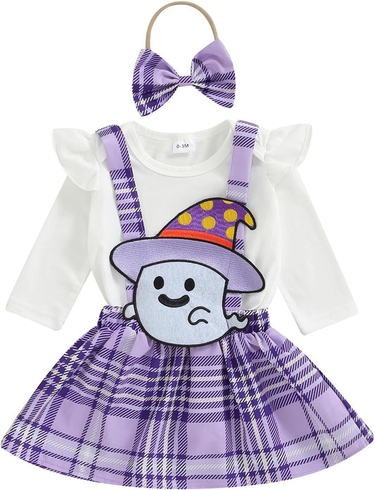 ESSECMBS Infant Baby Girl Halloween Romper Skirt 3 Pieces Clothing Set Long Sleeve Ruffle Shoulder Body Braces Pumpkin Ghost Skirt Headband Girls All Saints Clothing