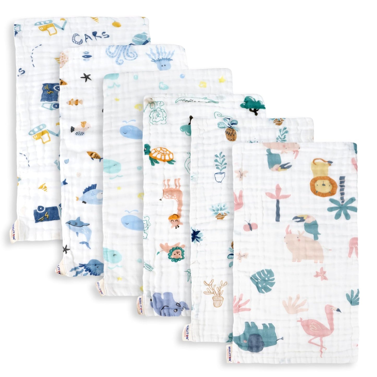 Maliton 6 Stück Baby Spucktücher für Jungen/Mädchen,aus 100% Baumwollem,weich, langlebig, luftdurchlässig und extrem saugstark (Zoo-Muster),50x25cm