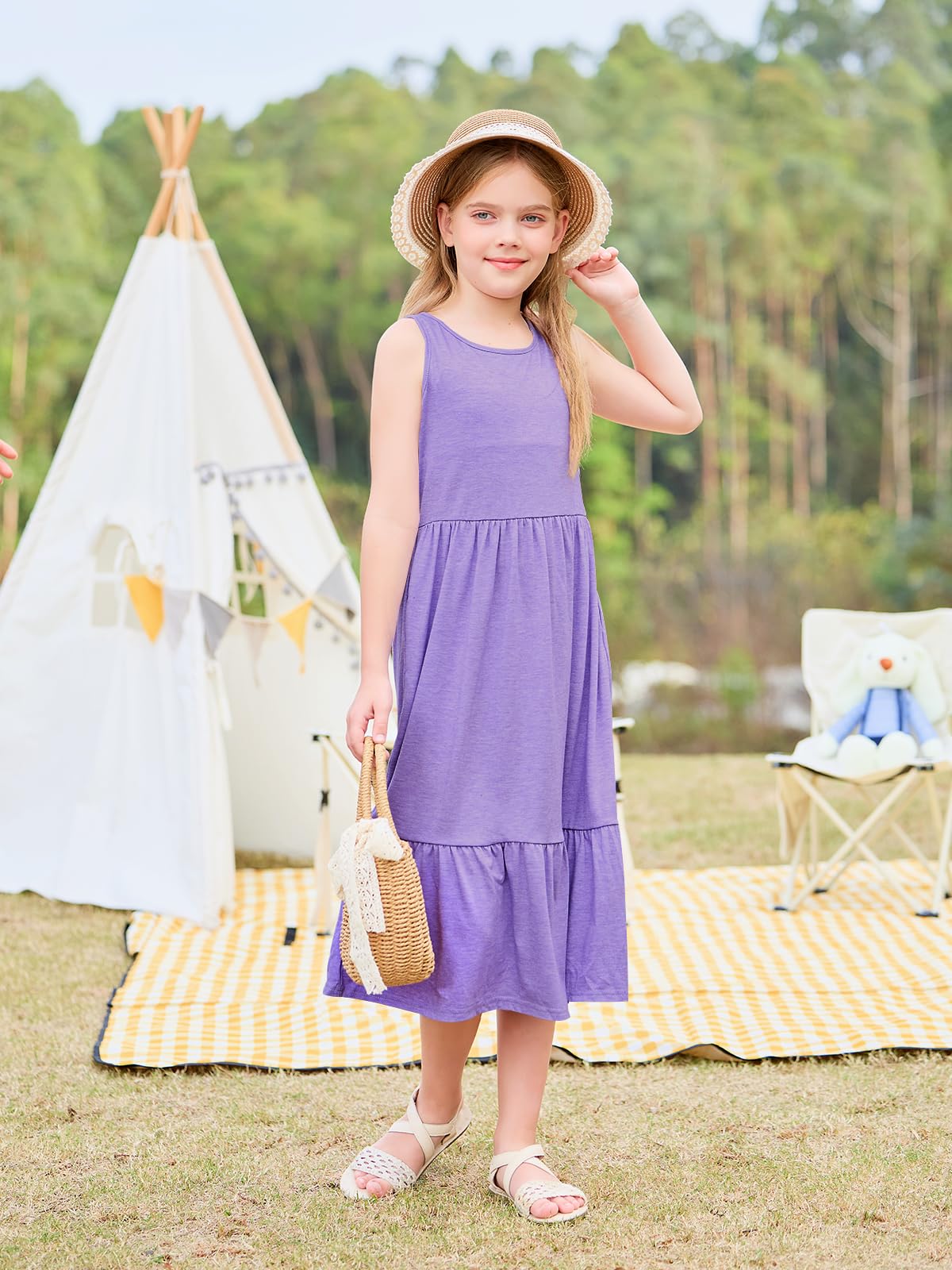 Haloumoning Girls' Dresses Summer Sleeveless Dress Round Neck Tank Top Dress Kids Long Casual Dress Sundress