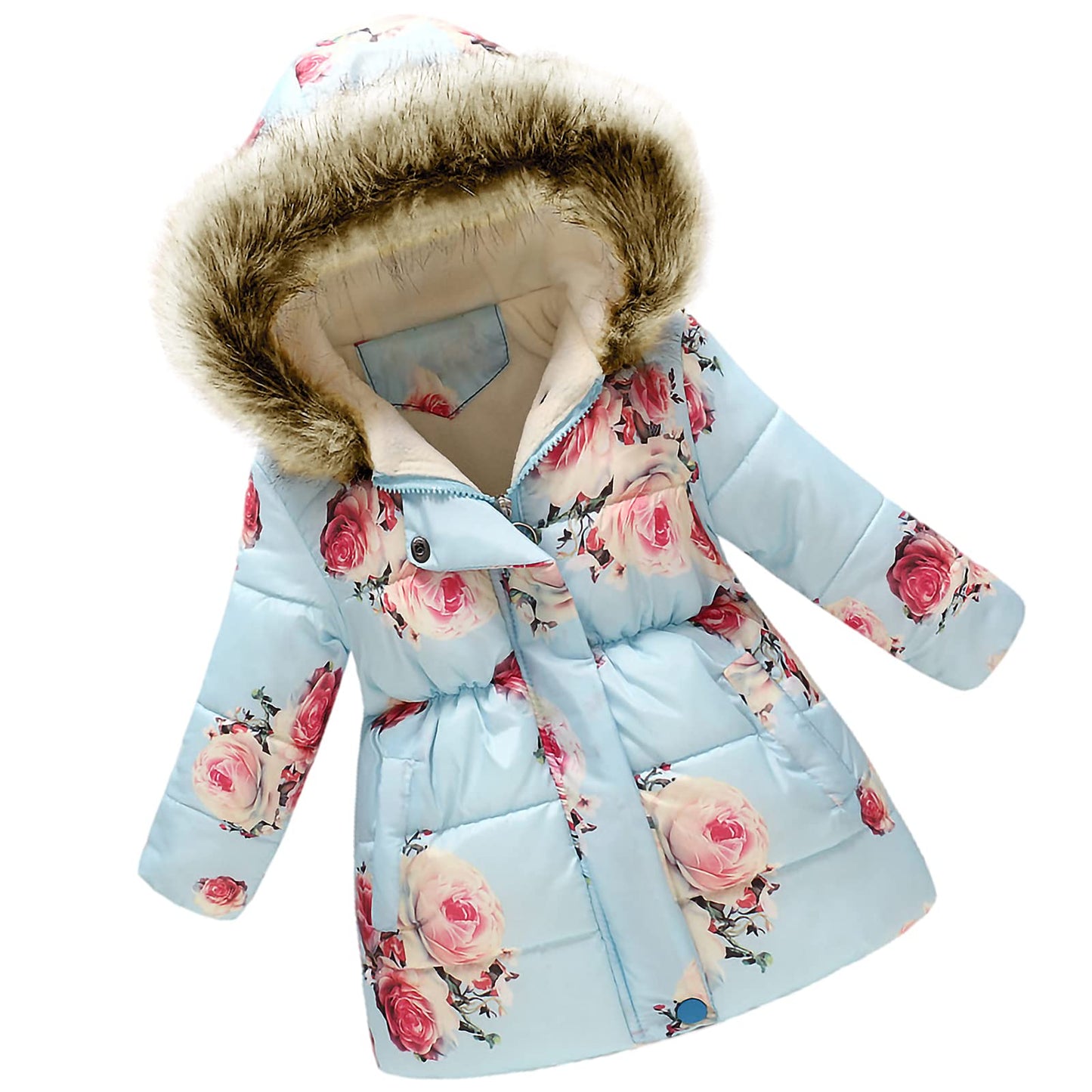 amropi Girls' Floral Winter Jacket with Fur Hood Warm Winter Coat Children's Jacket for 2-10 Years